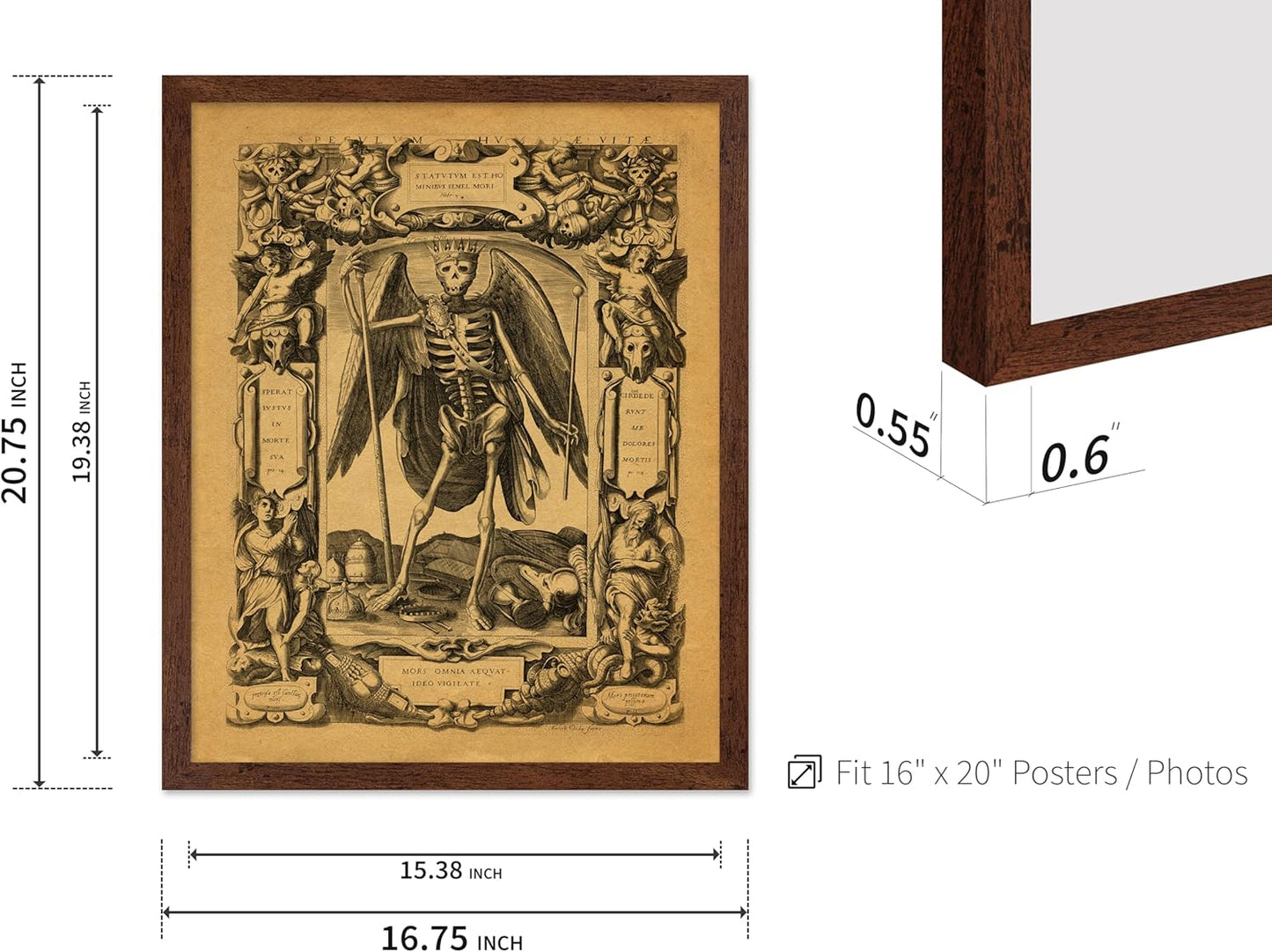 Poster Master Vintage Medieval Poster - Retro Gothic Print - Gift for Artist, Friend - Angel of Death, Memento Mori, Life, Skeleton, Dark - Wall Decor for Home, Living Room, 16x20 Brown Framed