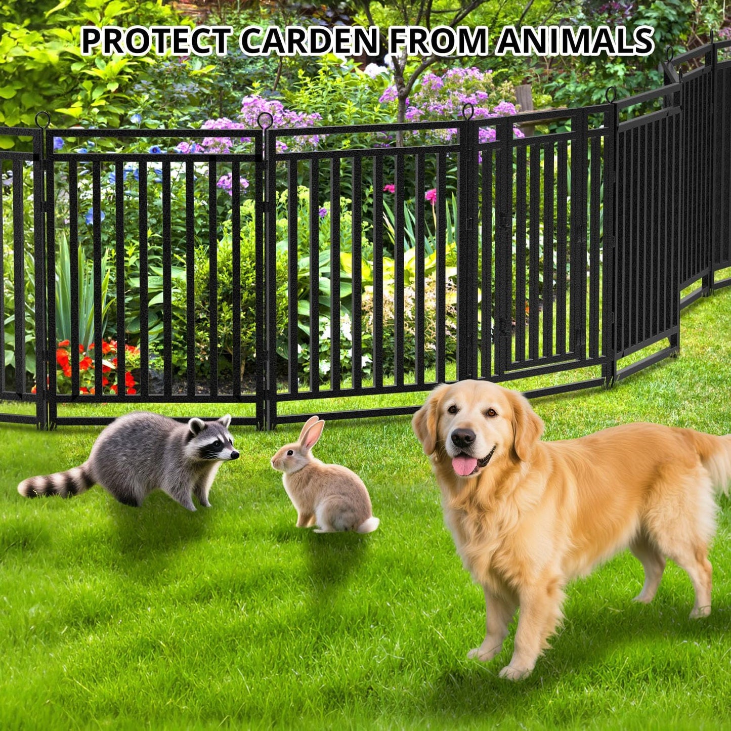 Decorative Garden Fence Metal Dog Fence Outdoor for Yard, 110ft (L) × 40in (H), 42 Panels + 6 Gates, Heavy Duty Animal Barrier Fencing for Patio & Flower Bed, No Dig, Black-Silver