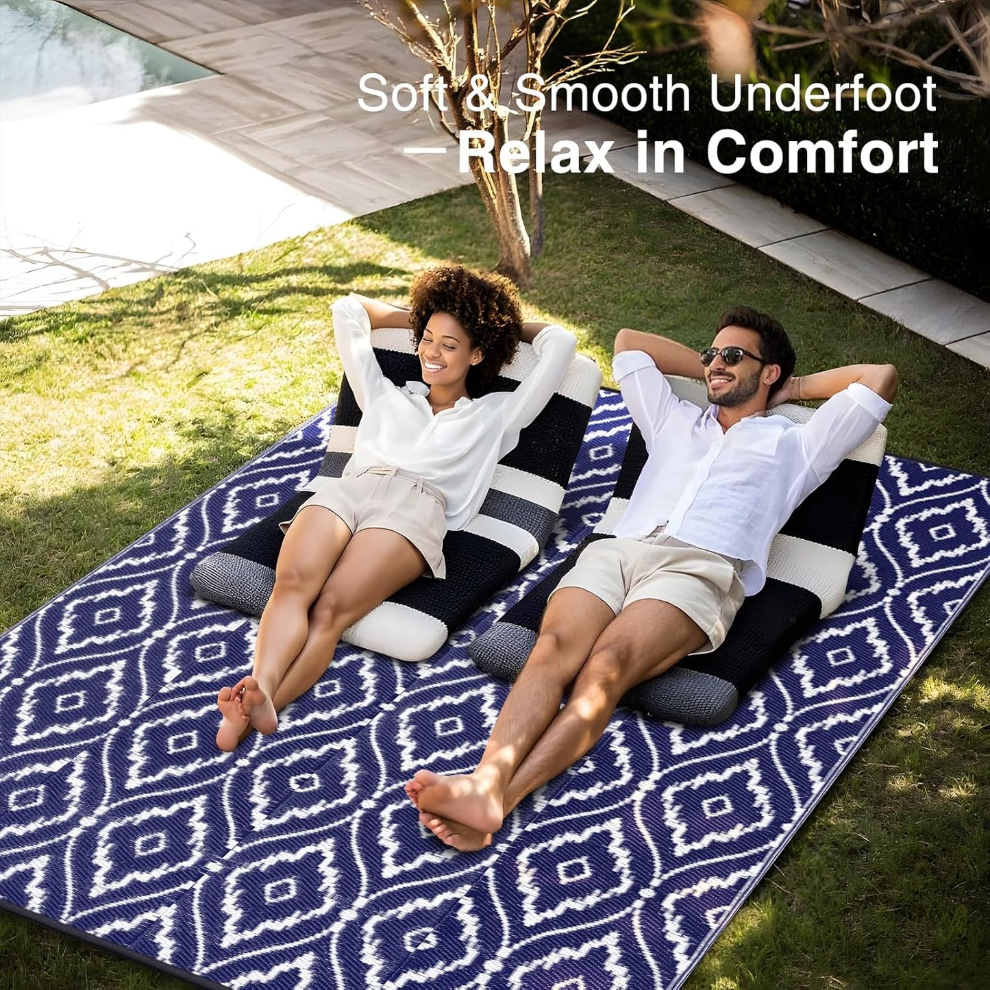 OLANLY Outdoor Rug 9x12 ft Waterproof, Outdoor Plastic Straw Rug with Geometric Pattern Clearance, Reversible RV Mat for Patio, Camping, Balcony, Deck, Backyard, Navy & White