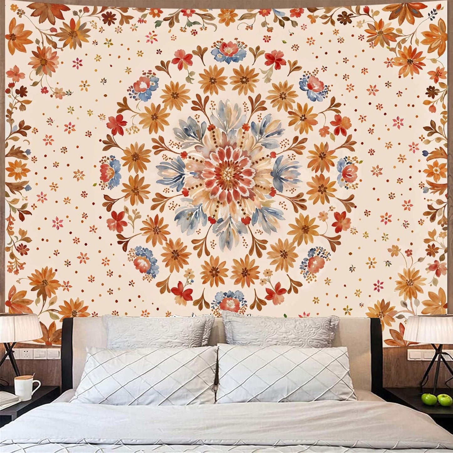 Fowocu Boho Floral Mandala Tapestry Wall Hanging Watercolor Bohemian Flower Medallion Tapestry Aesthetic Beige Orange Hippie Indian Large Tapestries for Bedroom Living Room Dorm Decor 80 x 60 Inch