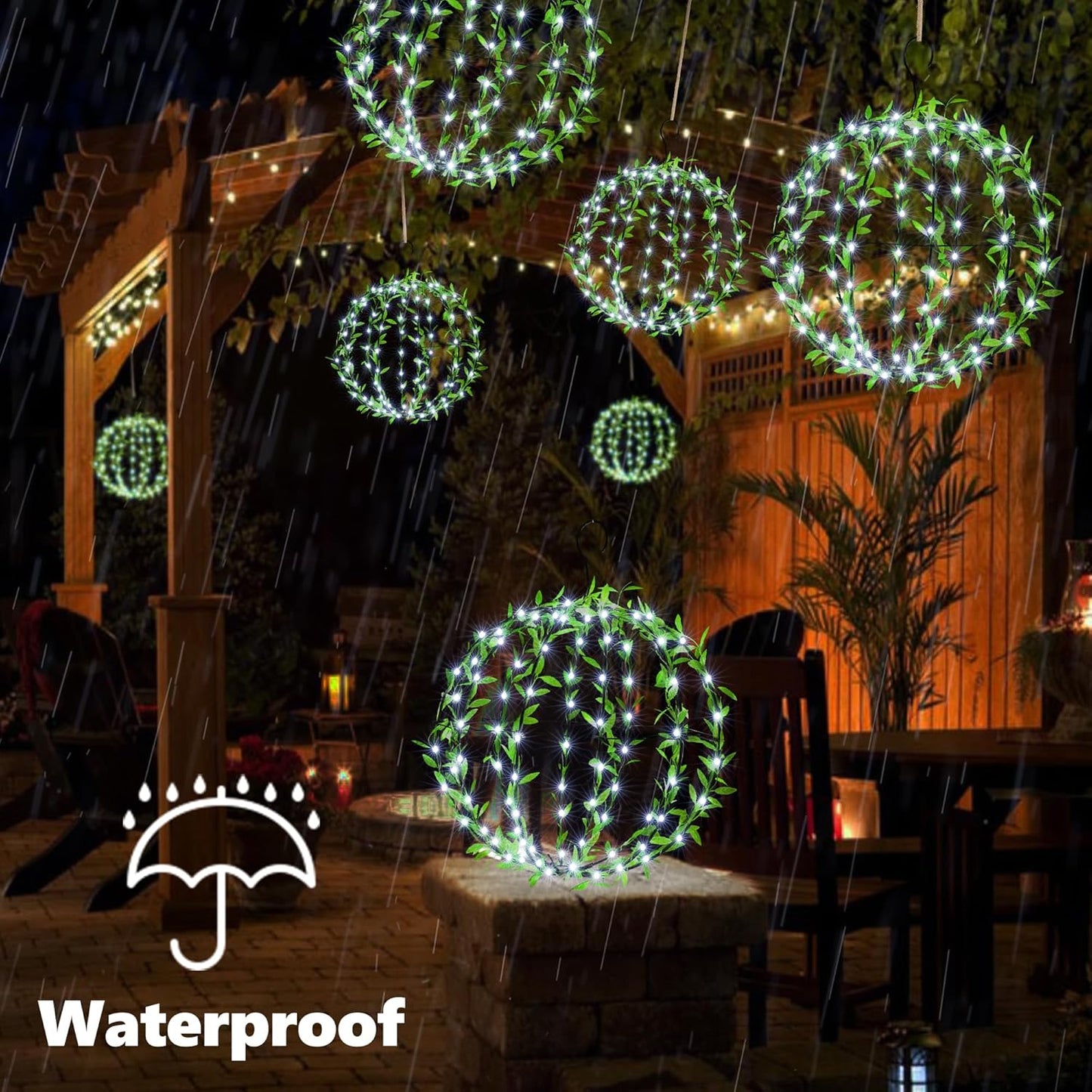 Solar Powered Hanging Iron Sphere Lights with Artificial Greenery – 12Inch 120 LED Waterproof Outdoor Decor Ball Light with Timer & 8 Modes – 2 Pack for Garden, Christmas, Weddings (Cool White)