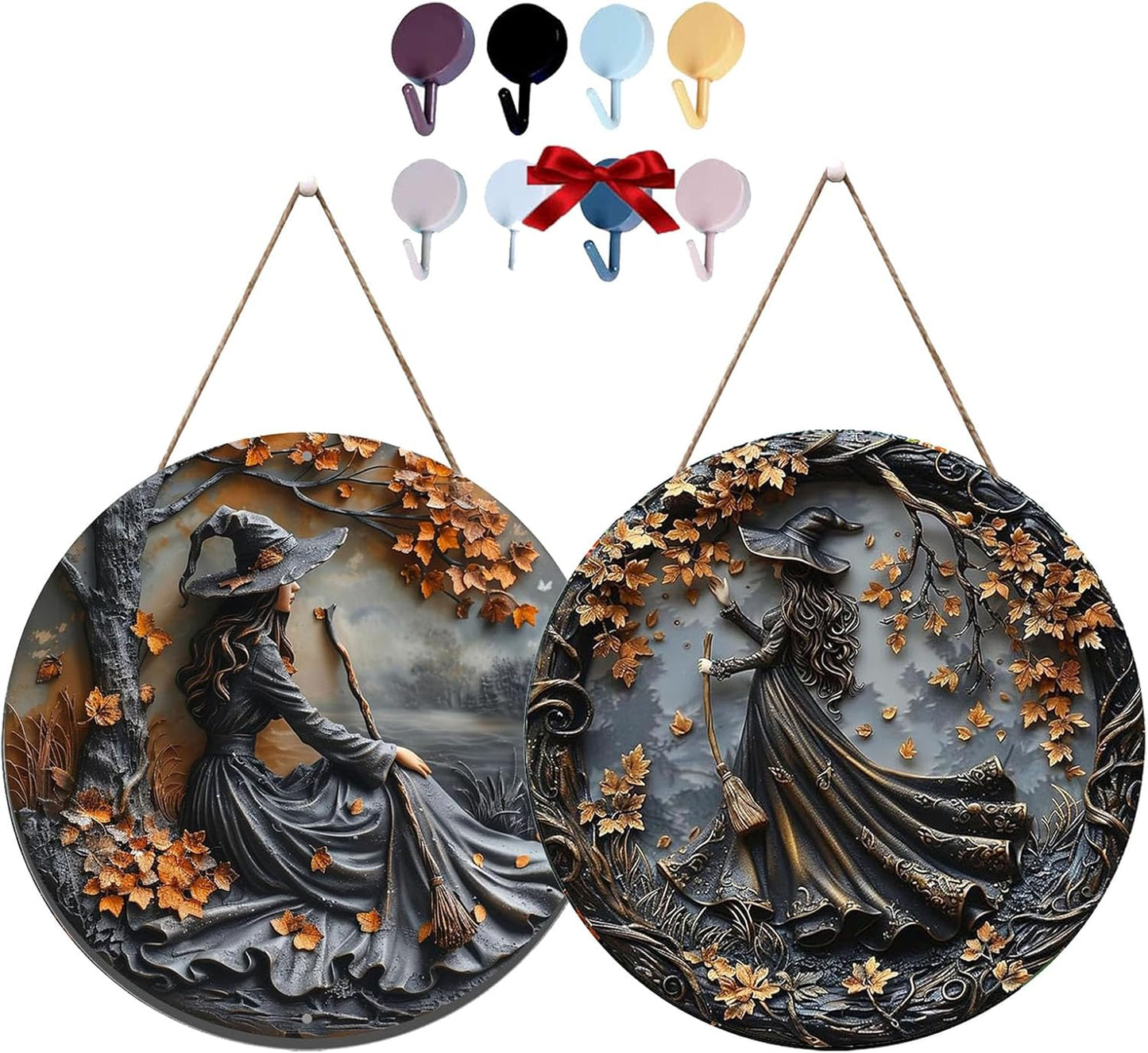 Fanyil/Olygee/Sherum/Shirem/Pubyfun/Glosrity/Libilin/Graddi/Solymody/Gowebs/Goredny/Vianys Witching Hour, Door Way Hanging Decor Halloween, 2D Wooden Round Witches Sign (B+C, ‎7.87")