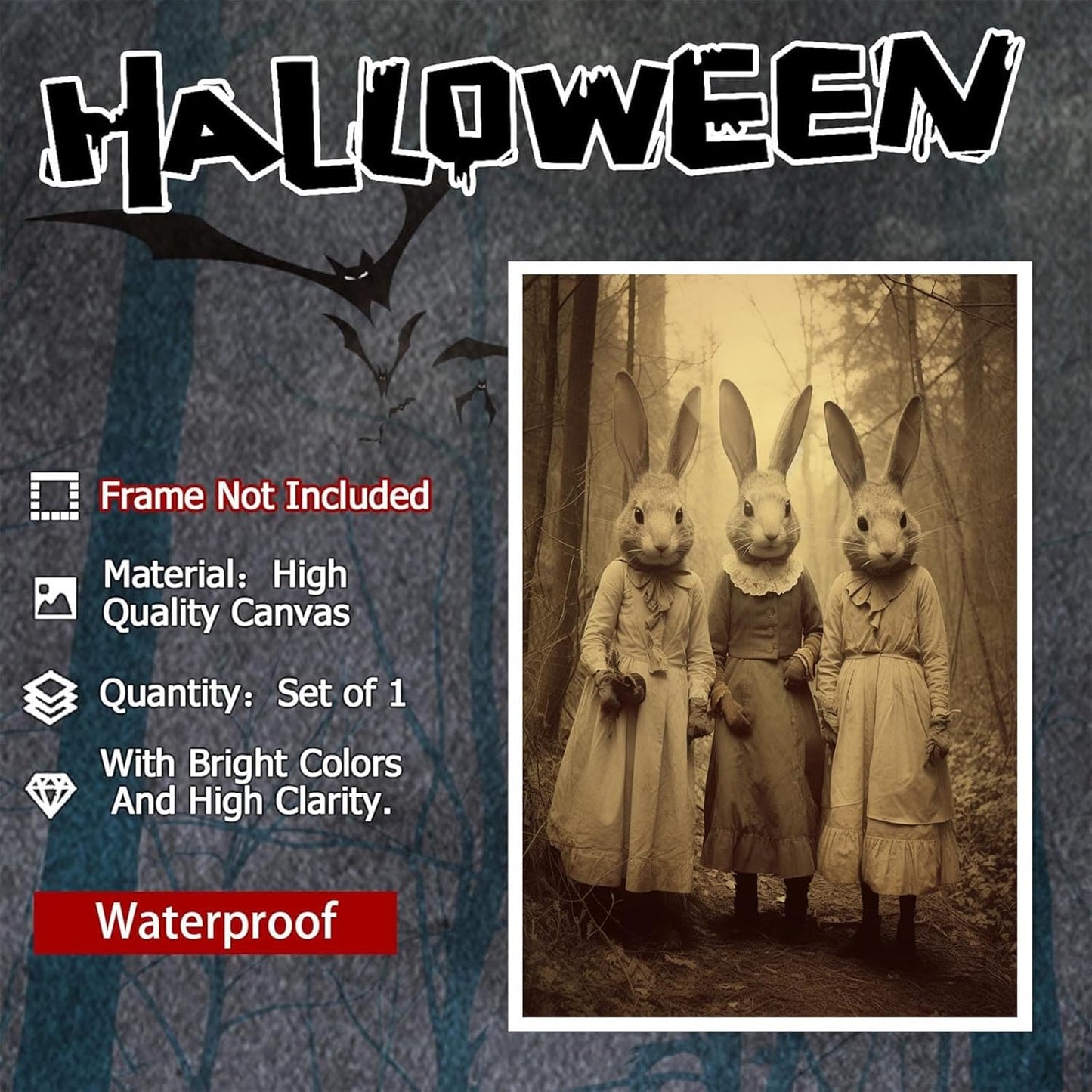 Vintage Horror Spooky Three Rabbits In Occult Forest Spooky Canvas Wall Art Poster Gothic Dark Academia Decorations Room Creepy Print Retro Halloween Wall Decor 16X24inch Unframed