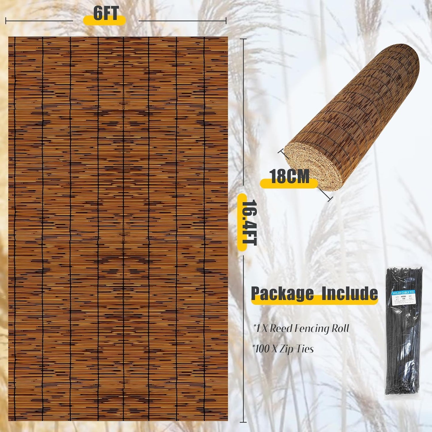 Natural Reed Fencing 6FT X 16.4FT Reed Fence 6FT High Balcony Reed Fence Privacy Reed Screen for Outdoor Backyard Patio(Brown)