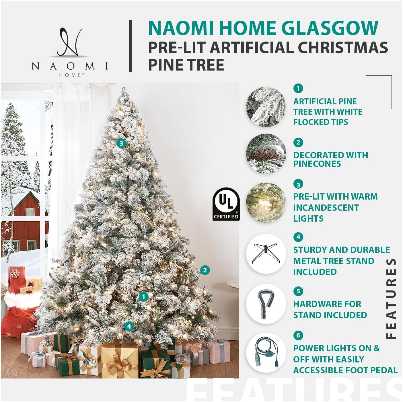 Naomi Home 7.5ft Snow Flocked Christmas Tree with Lights,Realistic Frosted Pine Prelit with Pine Cones, Foot Pedal 1556 Branch Tips, 750 Warm Lights & Metal Stand, Pre Lit Xmas Tree