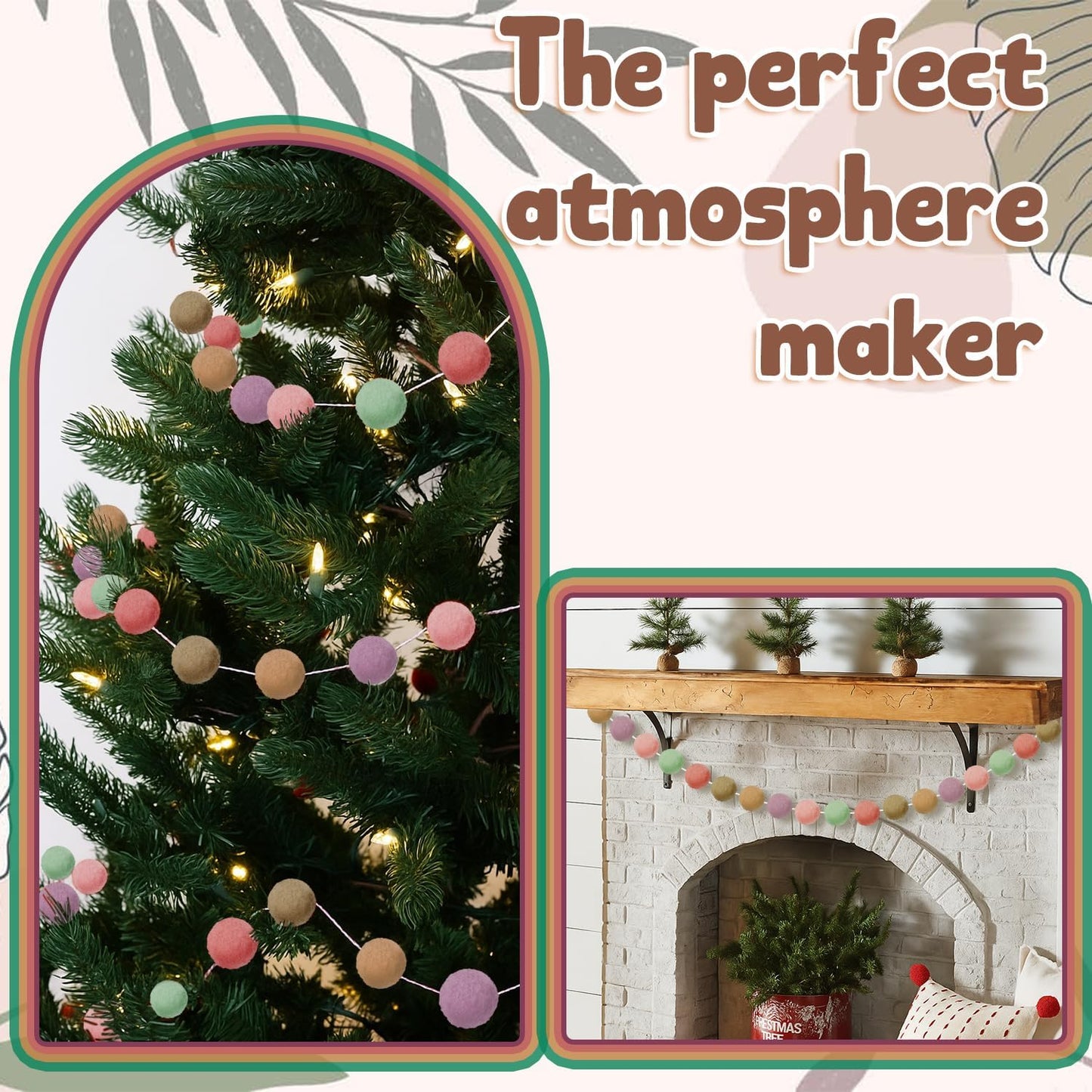 Boao 2 Pcs 2 Inch Large Pastel Colorful Pom Pom Garland 12 ft Long Felt Ball Bohemian Banner 36 Balls for Classroom, Christmas, Mantle Decor, Easter Tree Ornaments, Baby Shower Party Hanging Decor