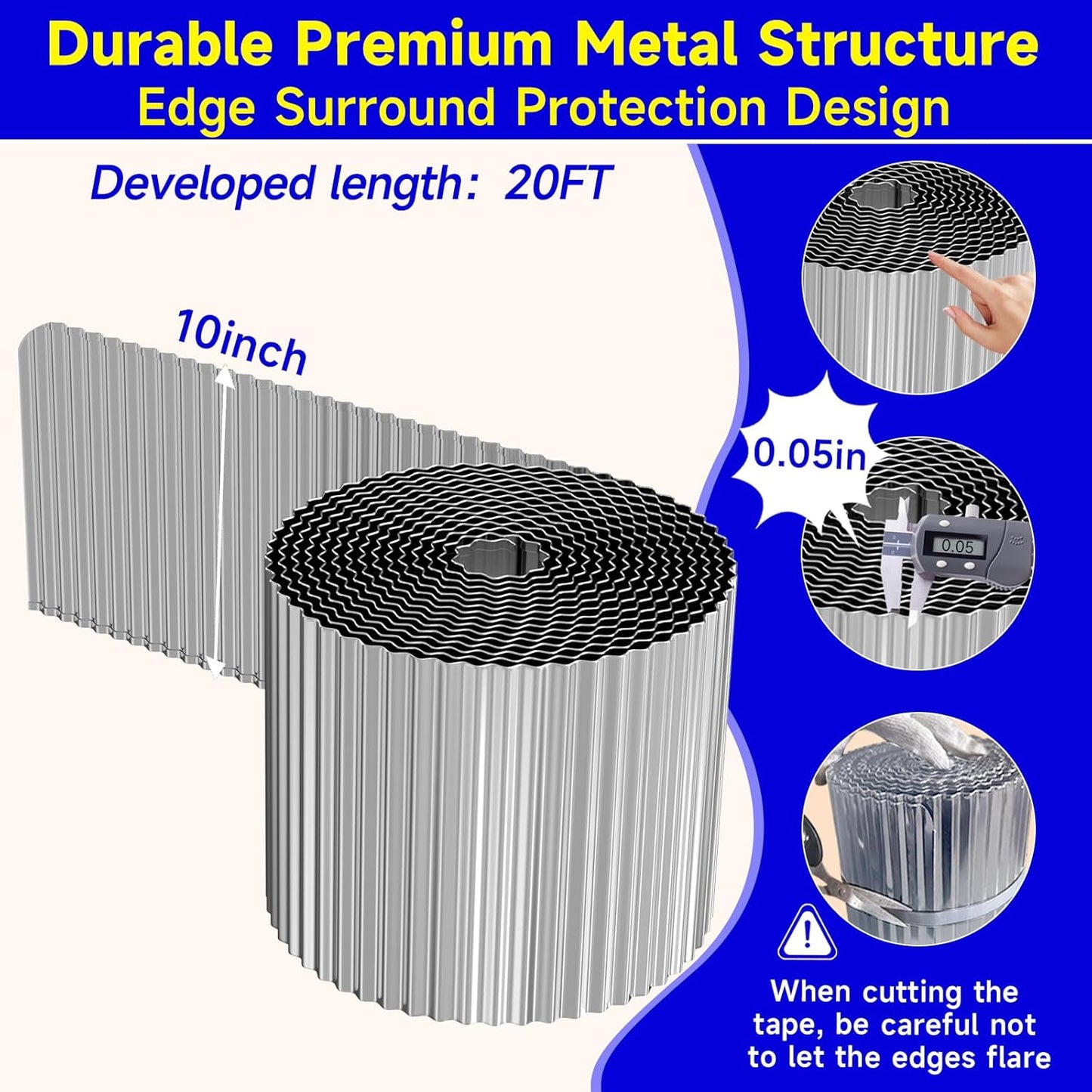 Corrugated Garden Edging,10"×20Ft Galvanized Steel Landscape Edging & Lawn Edging Border,Metal Garden Border for Flower Beds,Garden,Lawn,Raised Beds & Tree Surrounds(Silver)
