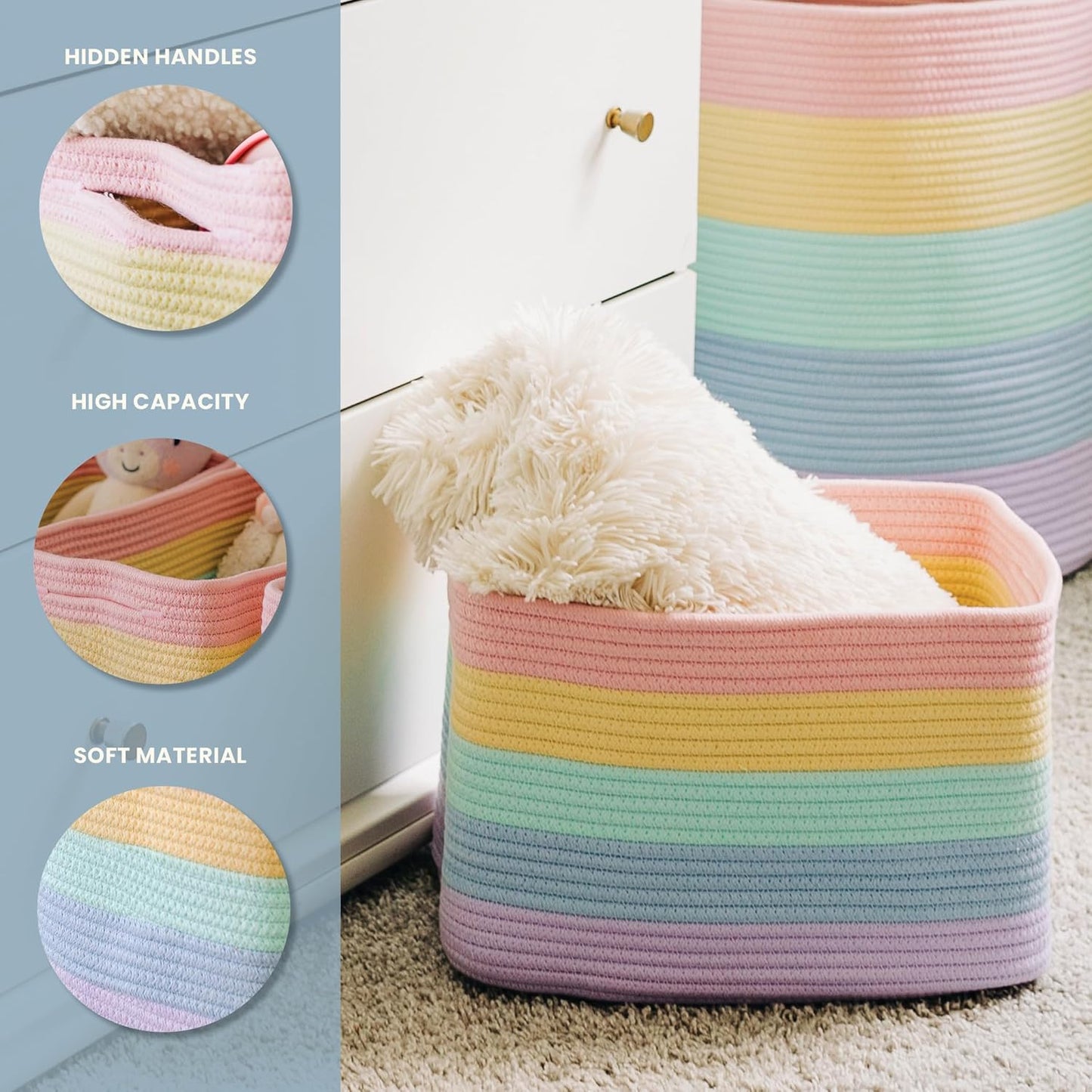 OrganiHaus Set of 3 Rainbow Woven Storage Baskets for Organizing, Cotton Rope Organizer Bins for Shelves, Closet & Nursery, Dog Toy Basket, Decorative Bins for Toys, Towels & Books - 15x10x9