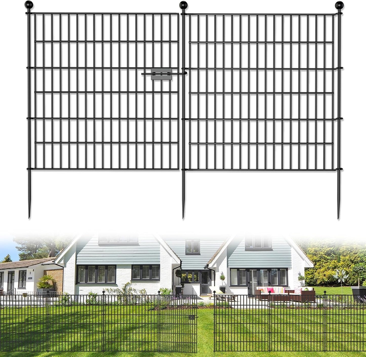 5 Panels No Dig Decorative Outdoor Garden Fence with Gate for Yard, 32 in(H) X 11.8 ft(L) Animal Barrier Fencing Rustproof Metal Wire Panel Border for Dog, Rabbits, and Patio Temporary Ground Stakes