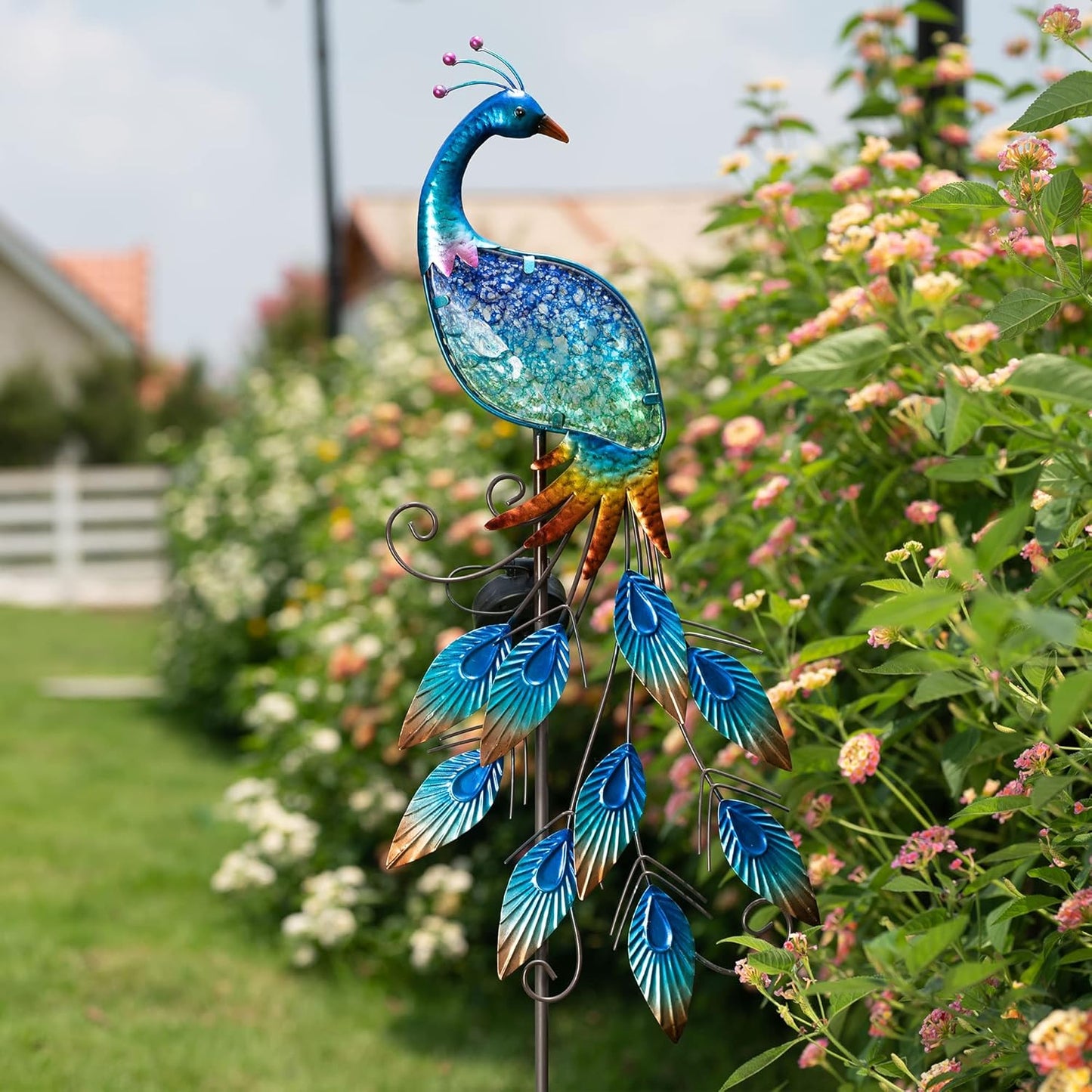 TERESA'S COLLECTIONS Garden Decor Blue Peacock with Solar Outdoor Lights, 40" Glass Yard Art for Outside, Decorative Metal Stake Outdoor Decor for Lawn Decorations, Patio, Gifts for Mom