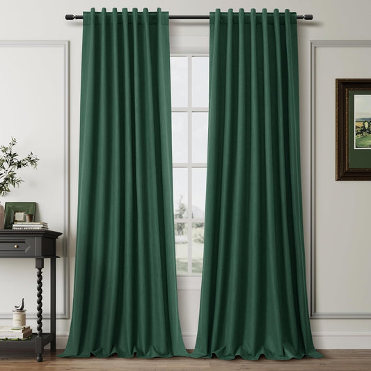 BOODII 100% Blackout Curtains for Bedroom 95 Inch Length 2 Panels Set Room Darkening Linen Curtains Green Black Out Curtain Thermal Insulated for Living Room Window Drapes Back Tab 52x95