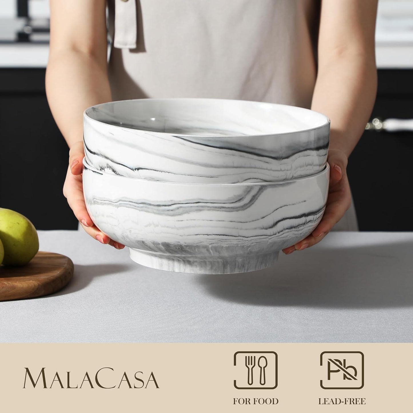 MALACASA Salad Bowls, 114 OZ(10") Extra Large Serving Bowls Set of 2, Porcelain Marble Grey Bowls Set for Soup, Salad, Ramen and Fruit, Dishwasher& Microwave Safe, Series REGULAR