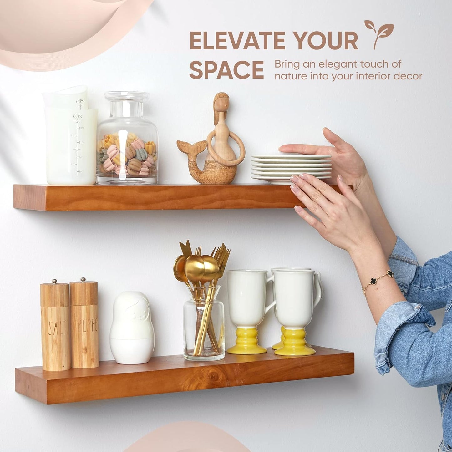 Homeforia 24inch Oak Floating Shelf for Wall, High End Solid Real Wood 24 inches Long Floating Shelves for Bathroom, Honey Oak Wooden Floating Shelves, Heavy Duty Bracket, 24 X 6.5 X 1.75 in, Set of 2