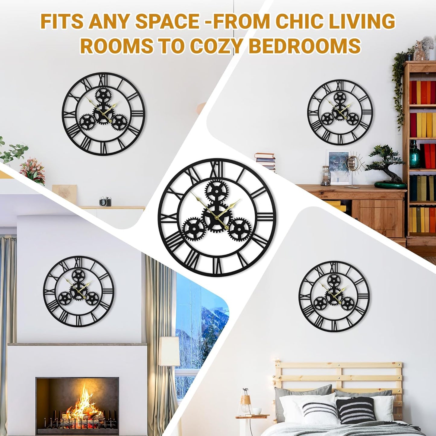 24inches/60cm Wall Clocks for Living Room Deco Non Ticking Silent Battery Operated Metal Modern Vintage Roman Numeral Oversized Gear Wall Clocks for Bedroom Kitchen Fireplace Office Farmhouse