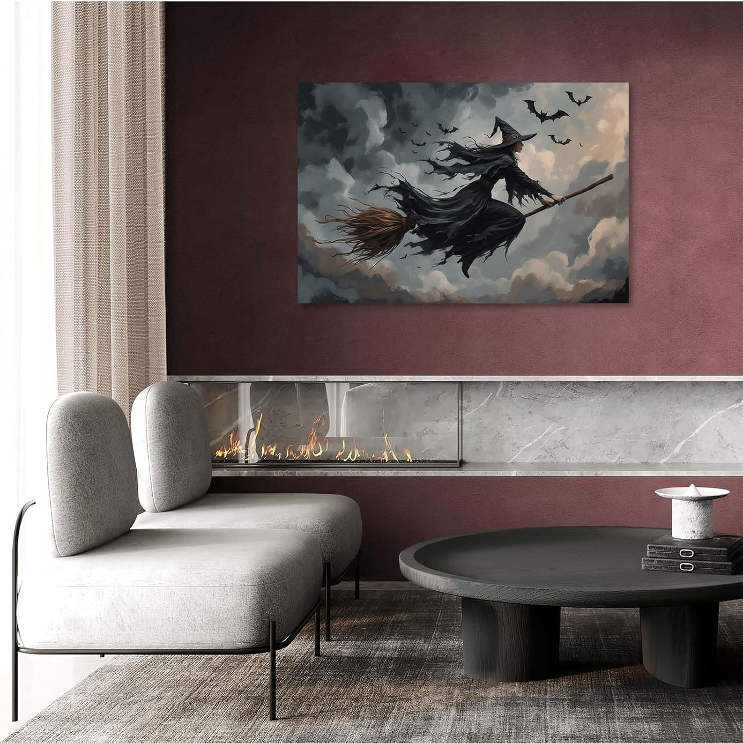 JFHCQJPK Witch and bat flying Halloween poster suitable for home party wall decoration retro Halloween preppy style wall art canvas print suitable for room decoration32x48in Frameless