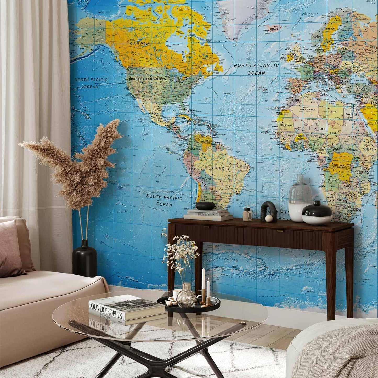 artgeist Premium Wall Mural World Map 177x124 in - XXL Non-Woven Wallpaper Fleece Wall Decor Photo Print Picture Image Design Home Map of The World k-A-0109-a-a