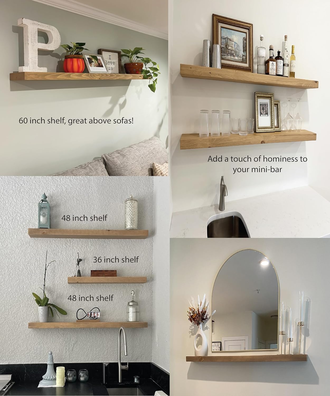 joelsantiques 42 Inch Wooden Floating Shelves for Wall - 42x8x2 in - Made of Natural Wood - Heavy Duty Rustic Wall Shelves Made in USA - Perfect for Living Room, Kitchen - Natural