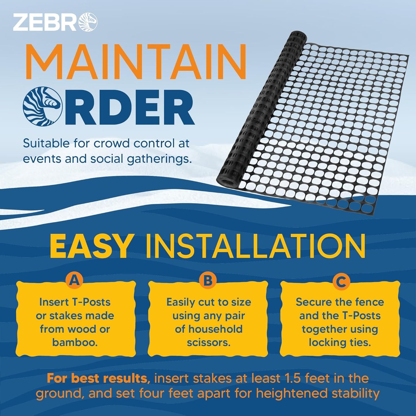 ZEBRO 4' x 50' Black Plastic Garden Fence Roll – Standard Duty Safety Netting for Snow, Poultry, Deer, Dogs – Reusable Outdoor Barrier for Yard, Landscaping, Animal Protection