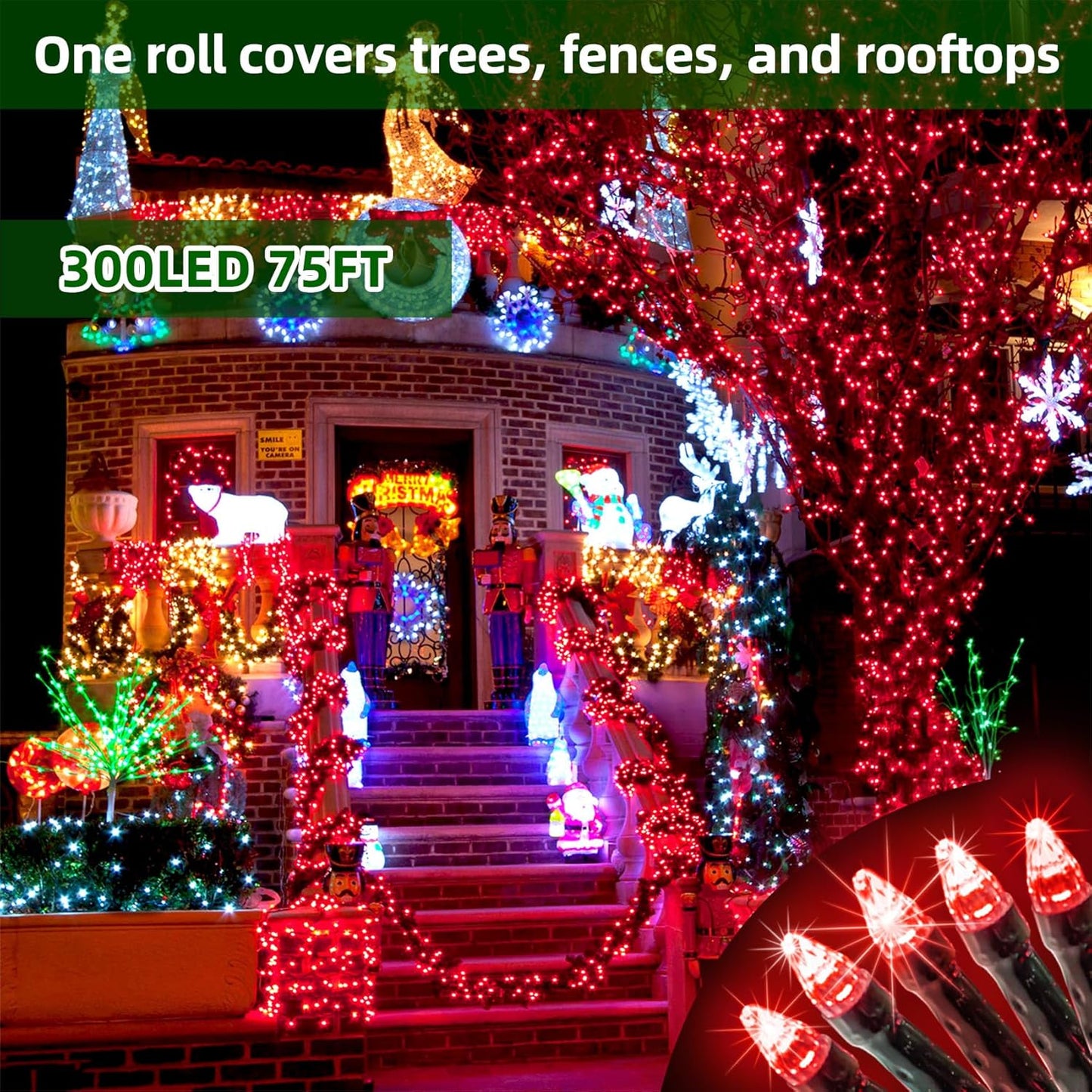 300LED Christmas Lights Outdoor Indoor Use, 12 Lighting Modes 75ft Christmas Tree Lights with Timer, Dimmable Plug in Red LED StringLights Waterproof for Yard Tree Wedding Party Holiday Red