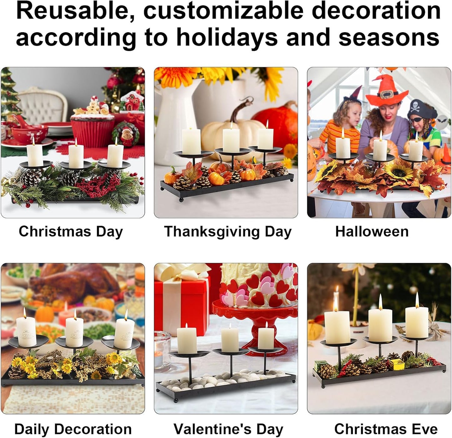 3 Pillar Black Metal Candle Holders for Table Centerpiece, Fall Thanksgiving & Halloween Dining Table, Fireplace Mantel Decor, Tray Candlestick for Living Room Rustic Decorations