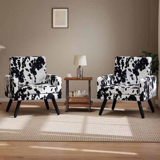 Kromax Mid-Century Modern Accent Chair Set of 2 for Living Room, 496 Lb. Weight Capacity, Dual Armrests, Comfy Extra Large Seat, Timeless Style Perfect for Reading & Relaxing, Cow Pattern