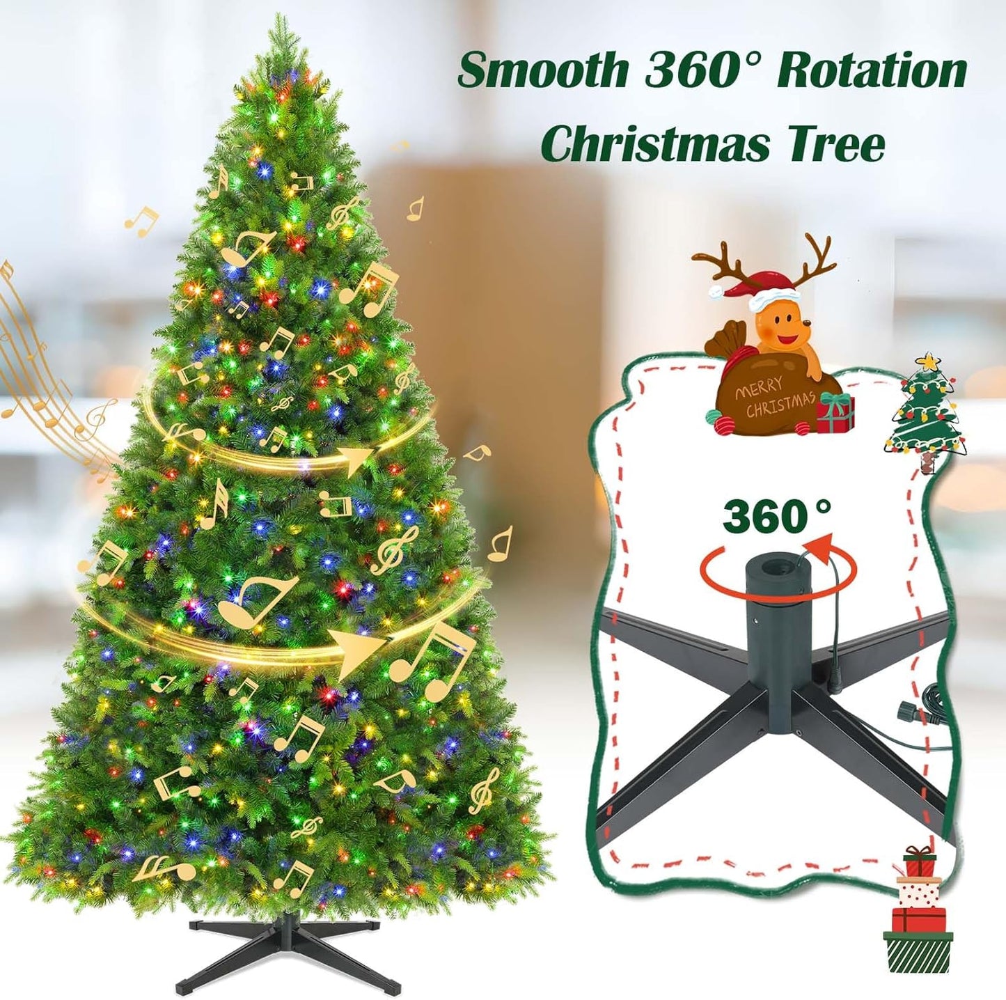 7.5FT Pre-Lit Christmas Tree with Remote Control, Multi-Color LED Lights, Musical Rotating Christmas Tree Stand, Easy Assembly in 3 Sections, Foldable Metal Stand for Home Holiday Decor