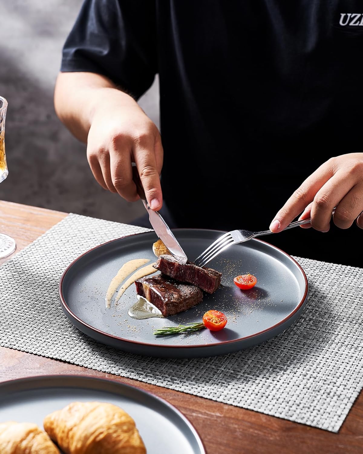 Famiware Mercury Plates and Bowls Sets, 12 Pieces Stoneware Dinnerware Sets, Dishes Set for 4, Microwave and Dishwasher Safe, Charcoal