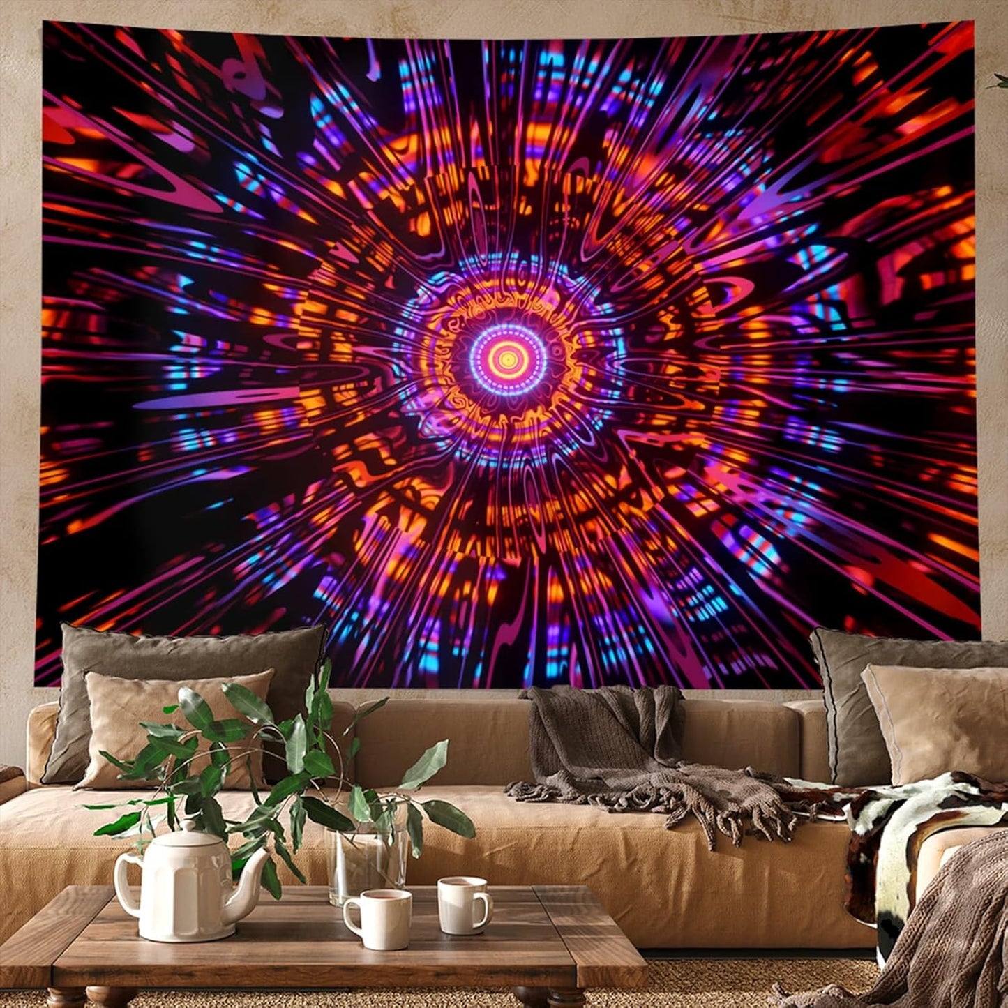 PSYHILAR Blacklight Mandala Tapestry for Bedroom, Psychedelic Black Light Posters for Adults and Teens, Colorful UV Reactive Aesthetic Bohemian Art Wall Hanging Decor Red and Purple (90 x 70 Inches)