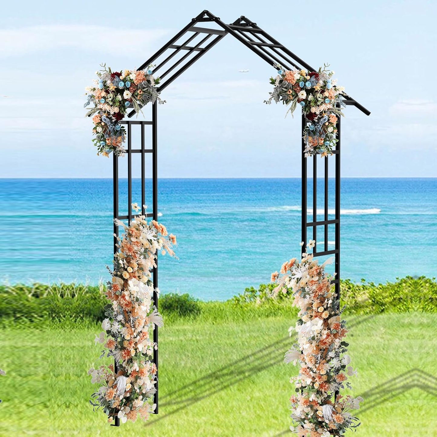 Metal Garden Arch Arbor Trellis Climbing Plants Outdoor Black Flat Top or Arch, Adjustable Width W42.52''~W78.15'', for Lawn Wedding Party Archway