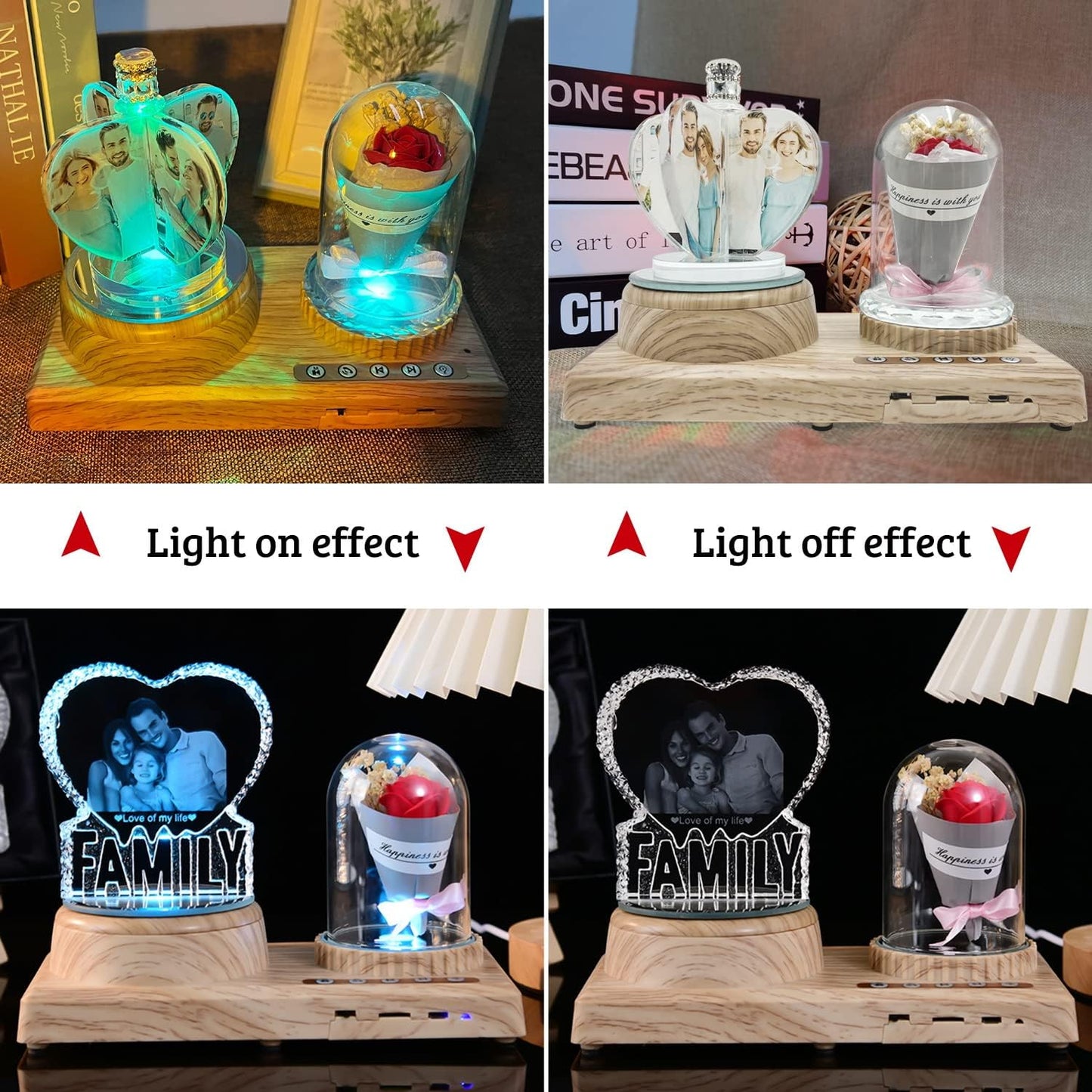 I Love U Photo Custom Night Light Rose Flower Bouquet Personalized 3D Crystal Lamp 7 Color Light Bluetooth Rotation Crystal Photo Frame Best Gift for Couple Love Women Men Wedding Christmas