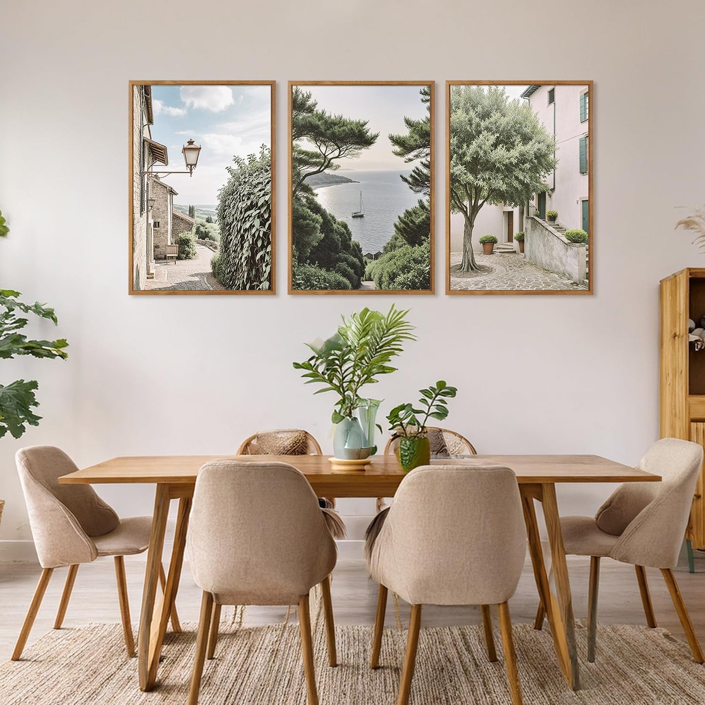 Aurlan Neutral Italy Cityscape Gallery Framed Wall Art(16"x24"), 3PCS Vintage Mediterranean Countryside Landscape Canvas Artwork, Large Town Coast Streets Travel Decor Prints for Office Home