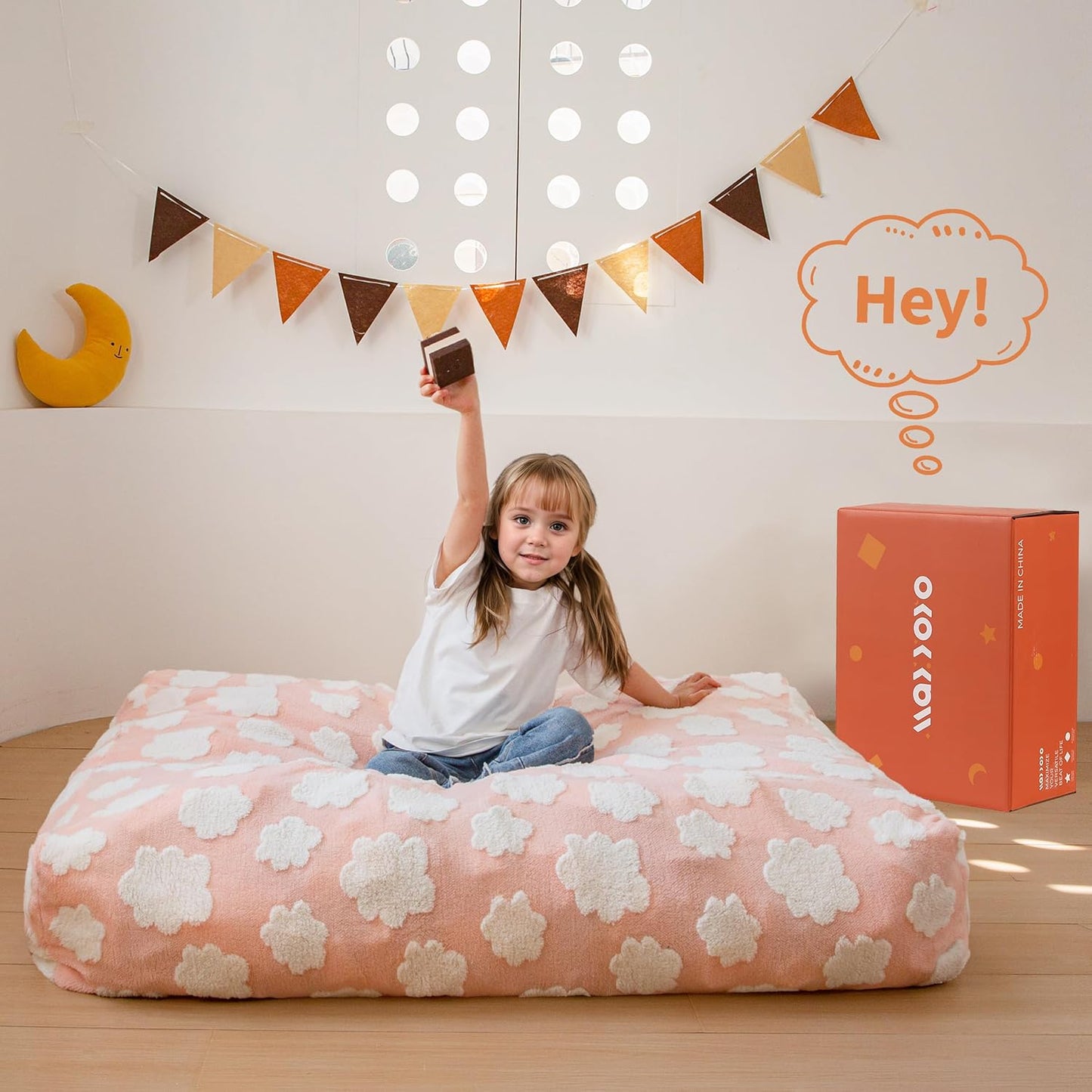 MAXYOYO Bean Bag Chair Bed for Kids, Convertible Bean Bag from Lazy Chair to Floor Bed, Fresh Cloud Design Cover, Stuffed Floor Sofa Couch for Boys and Girls, High-Density Foam Filling, Pink