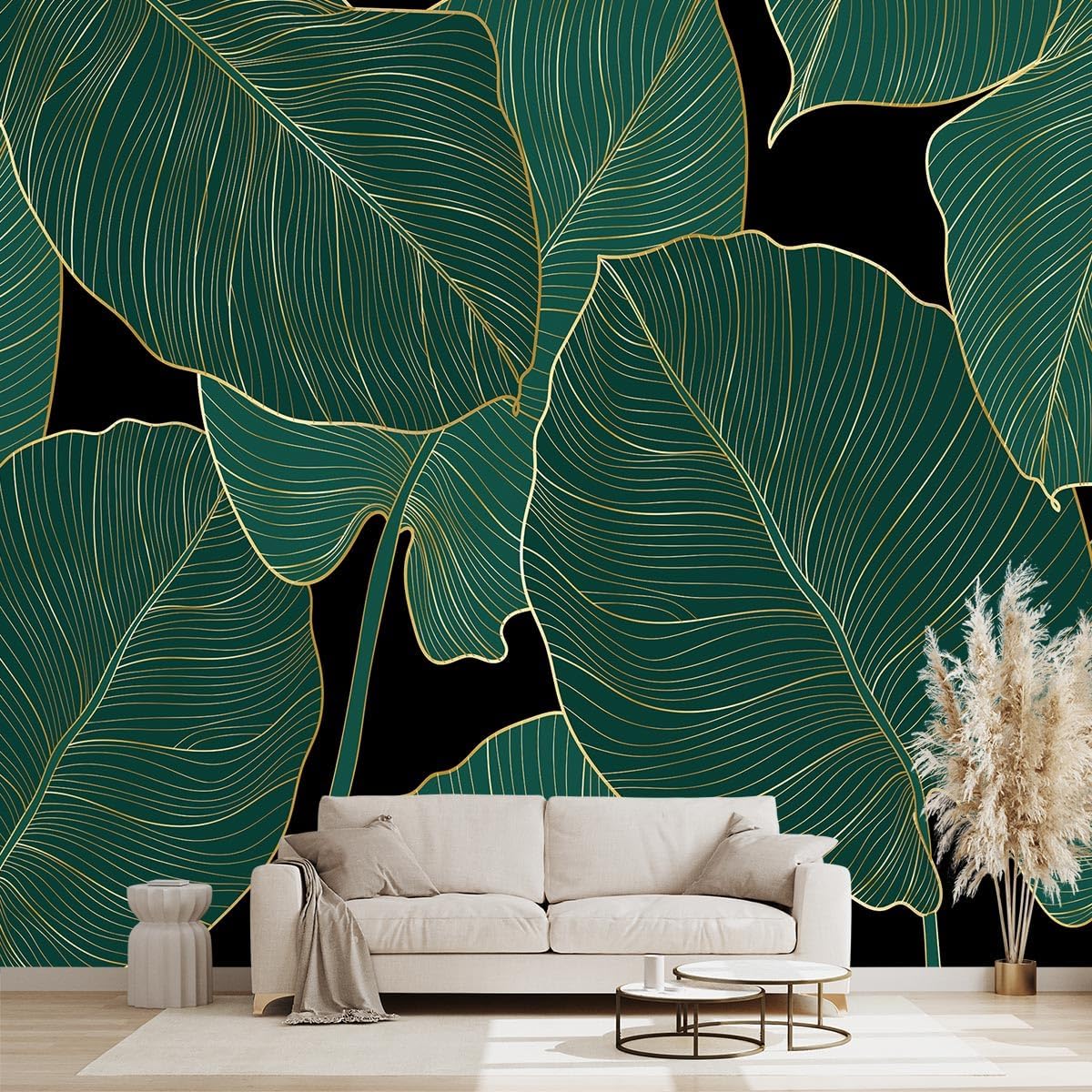Black and Gold Leaf Mural Bedroom Tropical Green Botanical Wallpaper Room Plant Decor Living Room tv Background Large Wall Mural - 160"x108" (Not Peel and Stick)