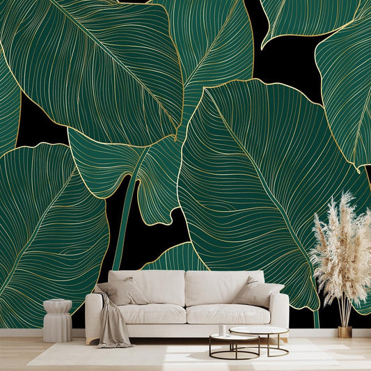 Black and Gold Leaf Mural Bedroom Tropical Green Botanical Wallpaper Room Plant Decor Living Room tv Background Large Wall Mural - 160"x108" (Not Peel and Stick)