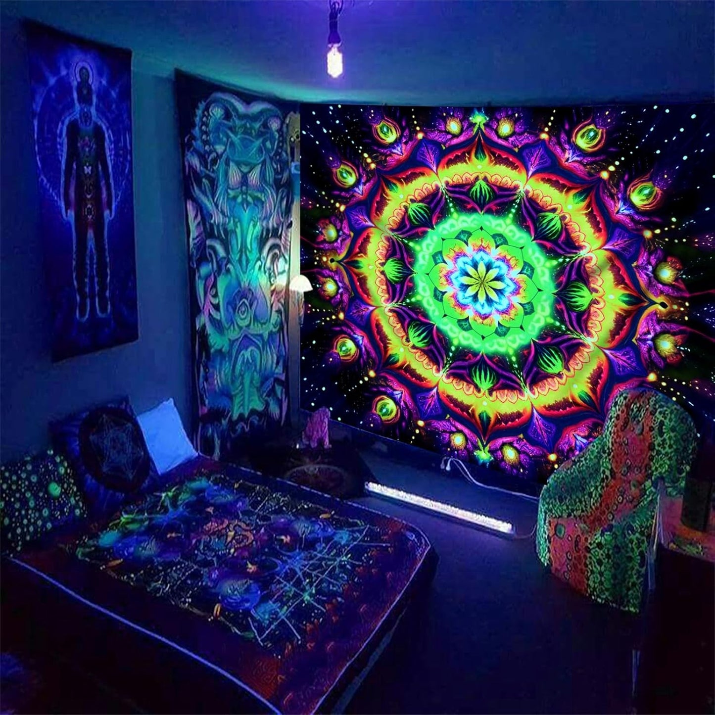 Blacklight Mandala Tapestry for Bedroom, Psychedelic Flower Black Light Posters for Adults and Teens, UV Reactive Aesthetic Bohemian Art Wall Hanging Decor Golden and Green (90 x 70 Inches)