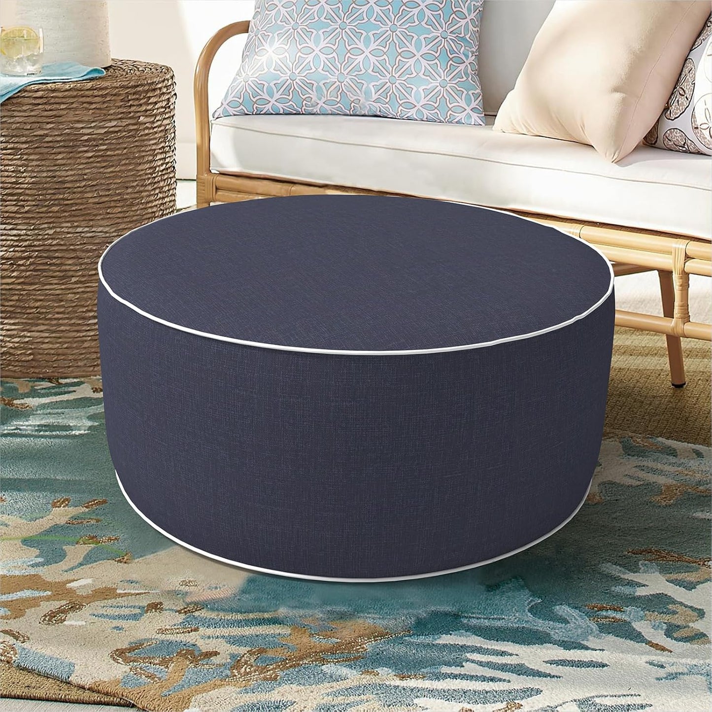 Inflatable Ottoman Stool D21 xH9 for Outdoor/Indoor Use, Water Repellent Patio Foot Rest Stool with Portable Handle,Round Pouf Ottoman Suitable for Garden,Deck and Camping - Textured Navy