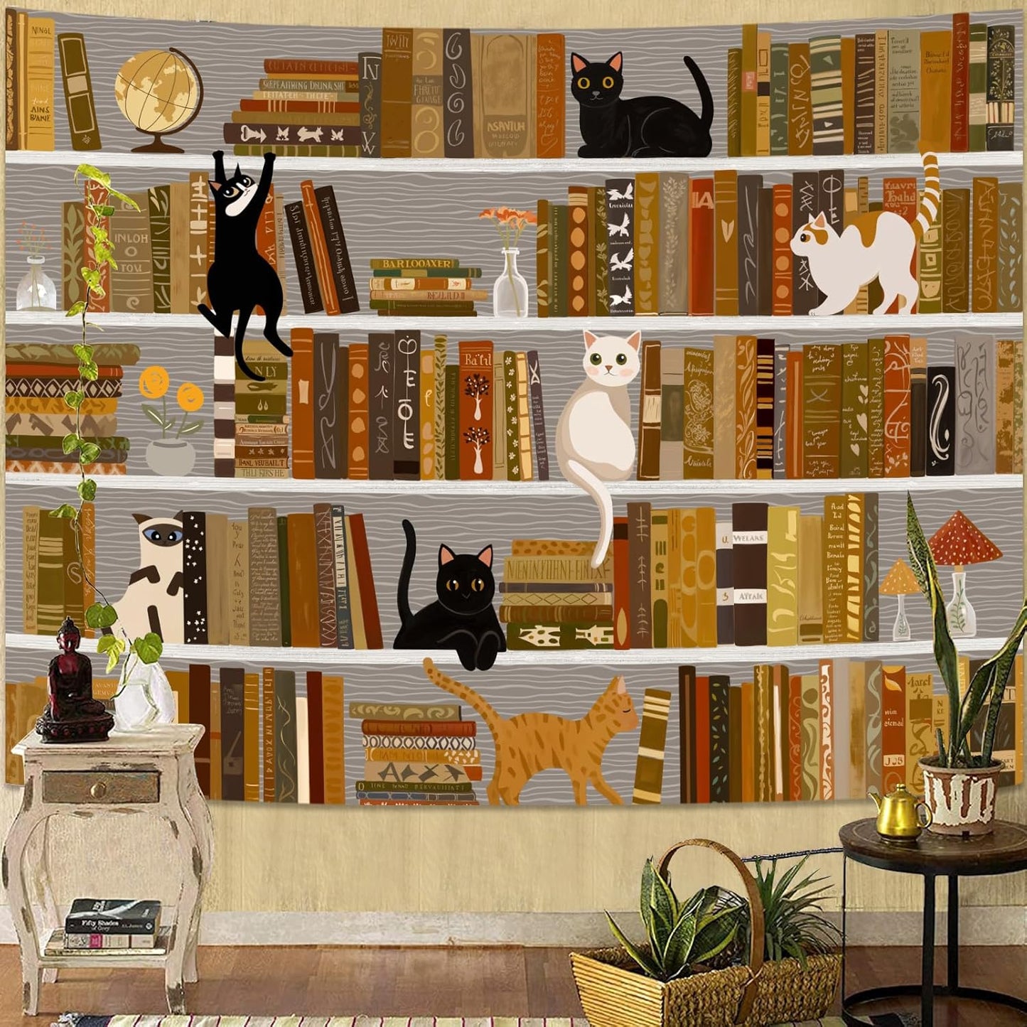 Accnicc Cat Bookshelf Tapestry Black White Cute Cats Book Shelf Tapestries Wall Hanging Art Vintage Retro Academics Library Book Tapestry for Bedroom Living Room Dorm 80 x 60 inch