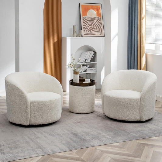 KINWELL 34" W Swivel Barrel Chair Set of 2, Mid Century Modern Round Upholstered Boucle Swivel Accent Chairs, No Assembly Sofa Chair for Living Room Bedroom Reading, Cream