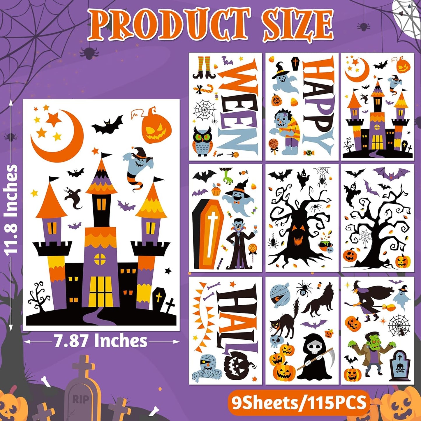 115PCS Halloween Window Clings, 9 Sheets Halloween Decorations, Cute Witch Tree Zombie Ghost Patterns PVC Window Stickers for Treat or Trick Party Favors Decal Supplies Decor Accessories