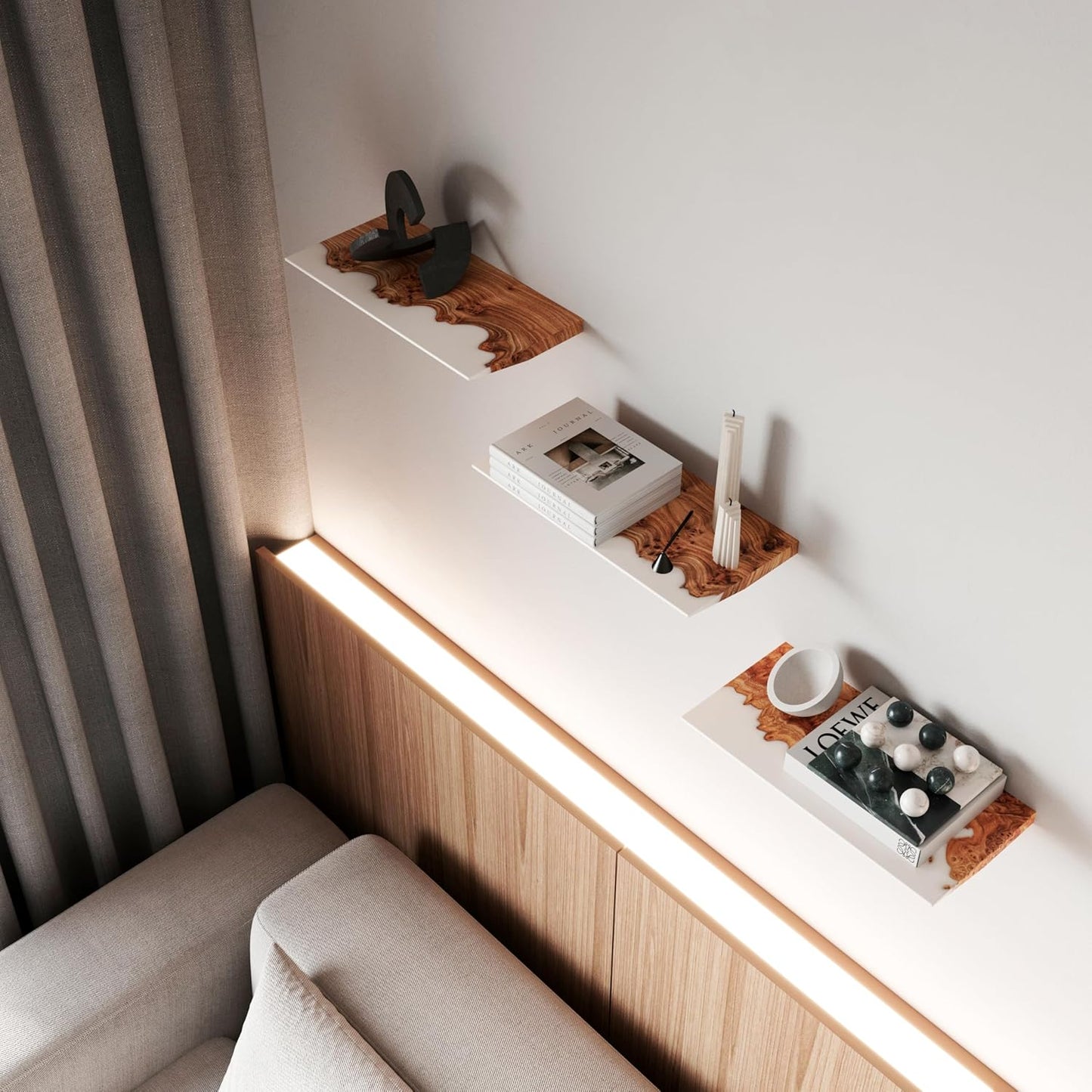 RWA Unique Live Edge Floating Shelf for Wall - Stylish Hanging Shelves for Room Wall Bedroom Bathroom Office Decor, Epoxy and Wood Wall Shelf Plank - Elegant Wall Mounted Shelves (white, 12x6")