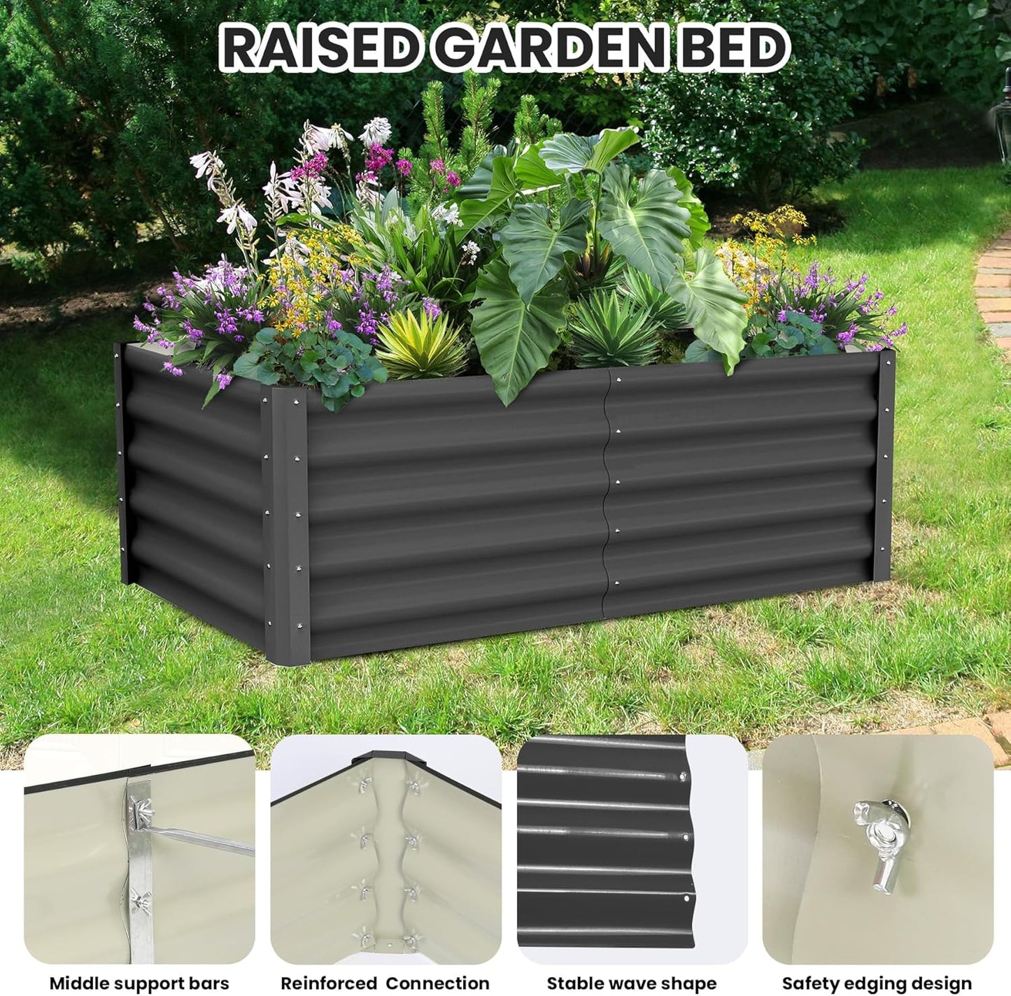 Galvanized Raised Garden Bed Outdoor, 2 Pcs 6x3x1.5FT Outdoor Large Planter Raised Beds Open Base with Safety Edge and Glove for Vegetables Flowers Ground Planter, Dark Grey