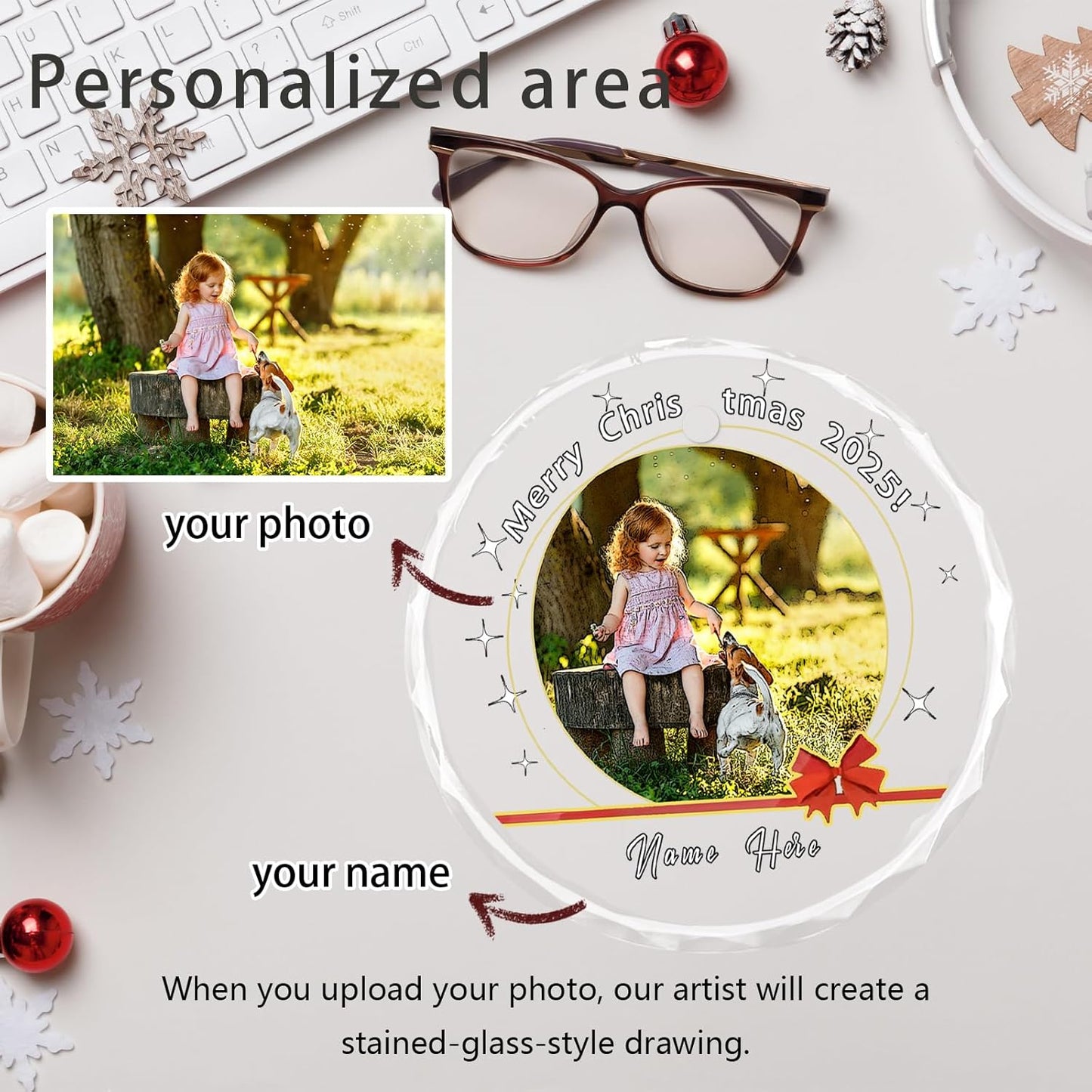 Personalized Christmas Ornaments, Custom Glass Ornament with Name/Photo/Text,Customized Christmas Tree Decor Gifts for Family, Dad, Mom, Him, Her, Couple, Red Ribbon