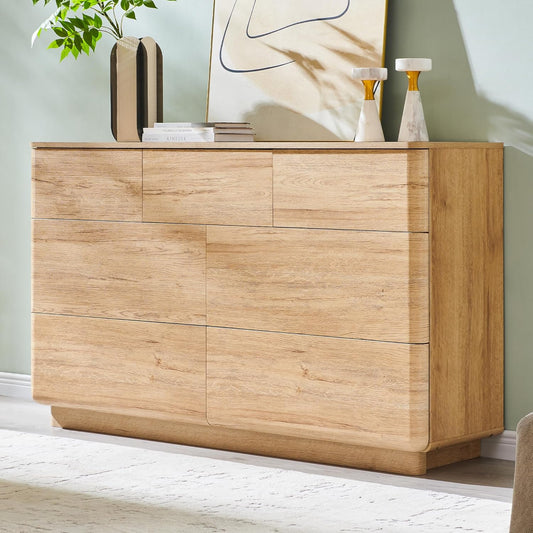 Modern 7 Drawer Dresser for Bedroom, 52" Wide Handleless Chest of Drawers, Large Push-to-Open Wood Storage w/Curved Profile, Dresser TV Stand for Bedroom, Living Room, Hallway, Natural Oak