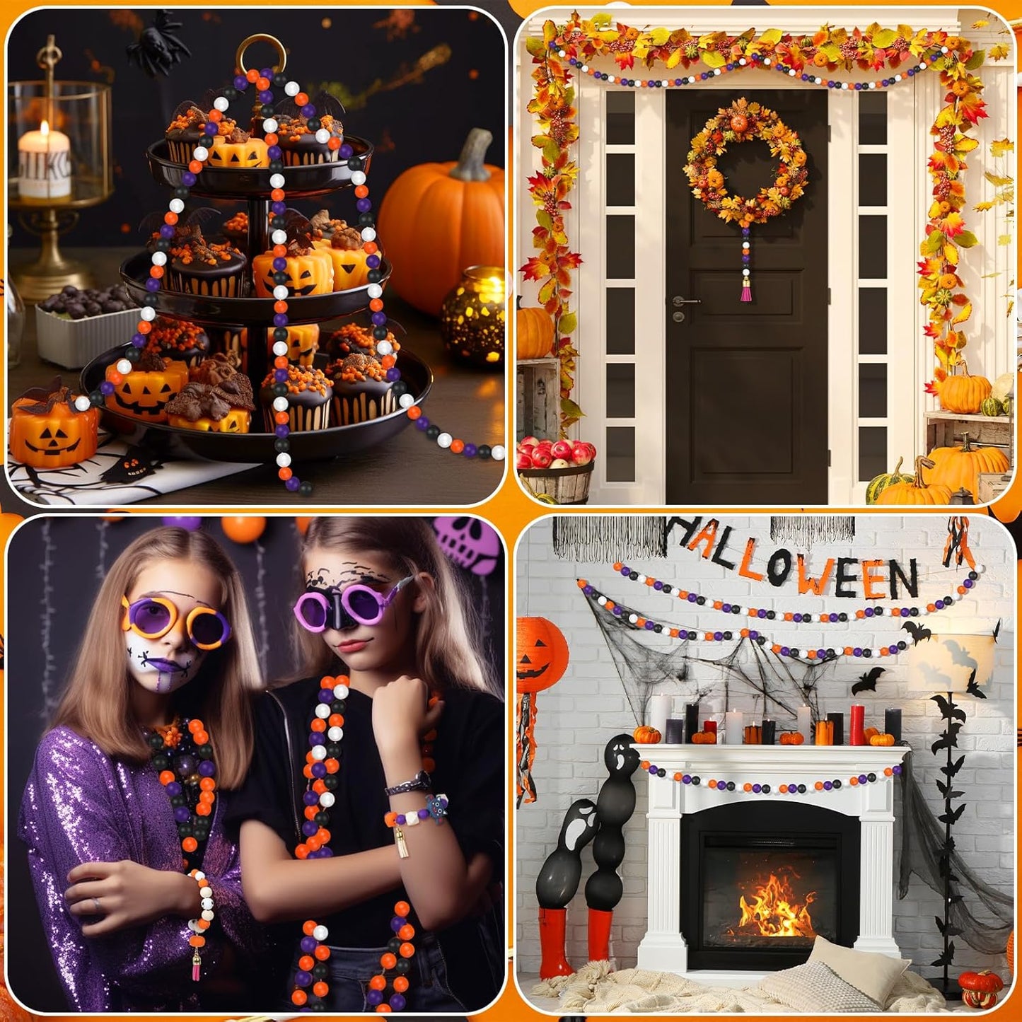 221PCS Halloween Silicone Beads for Keychain Making, Silicone Focal Bead Bulk with 15mm 14mm Loose Bead, 14mm Hexagonal Rubber Bead, Wooden Bead, Silicone Abacus Bead for DIY Necklace Bracelet Lanyard