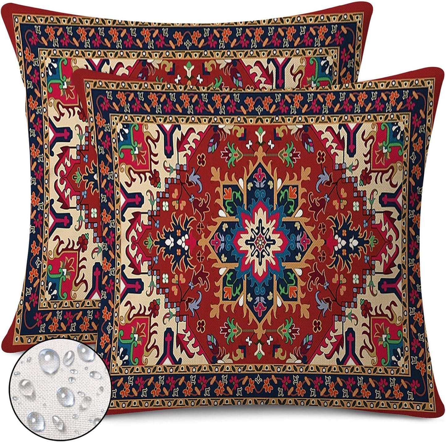 Outdoor Waterproof Throw Pillow Covers Set of 2 Tribal Abstract Colorful Floral Carpet Pattern Decorative Farmhouse Pillow Covers for Couch Sofa Patio Furniture