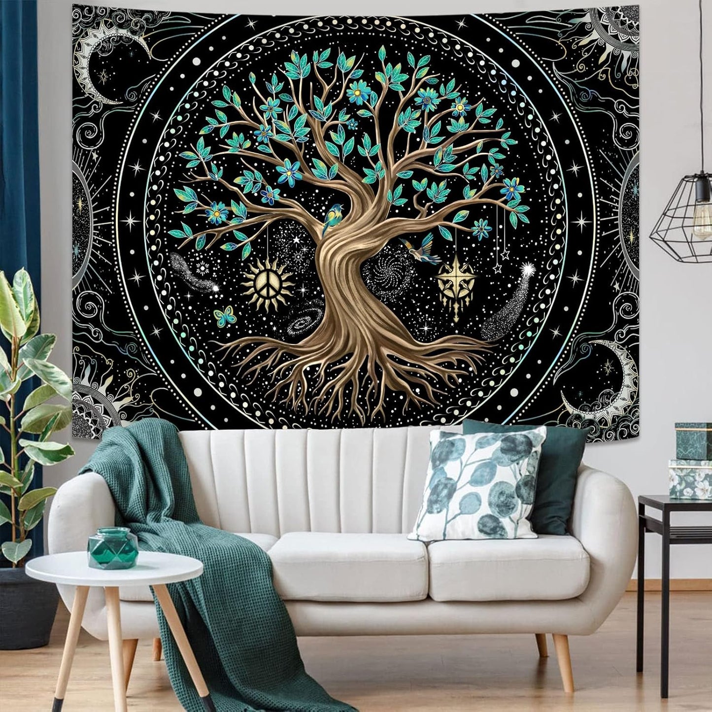 Lunerfex Tree of Life Tapastry Butterfly Moon Tapastry Flower Green Tree Tapestries Mandala Wall Hanging for Bedroom and Living Room Decor 70×90 Inches