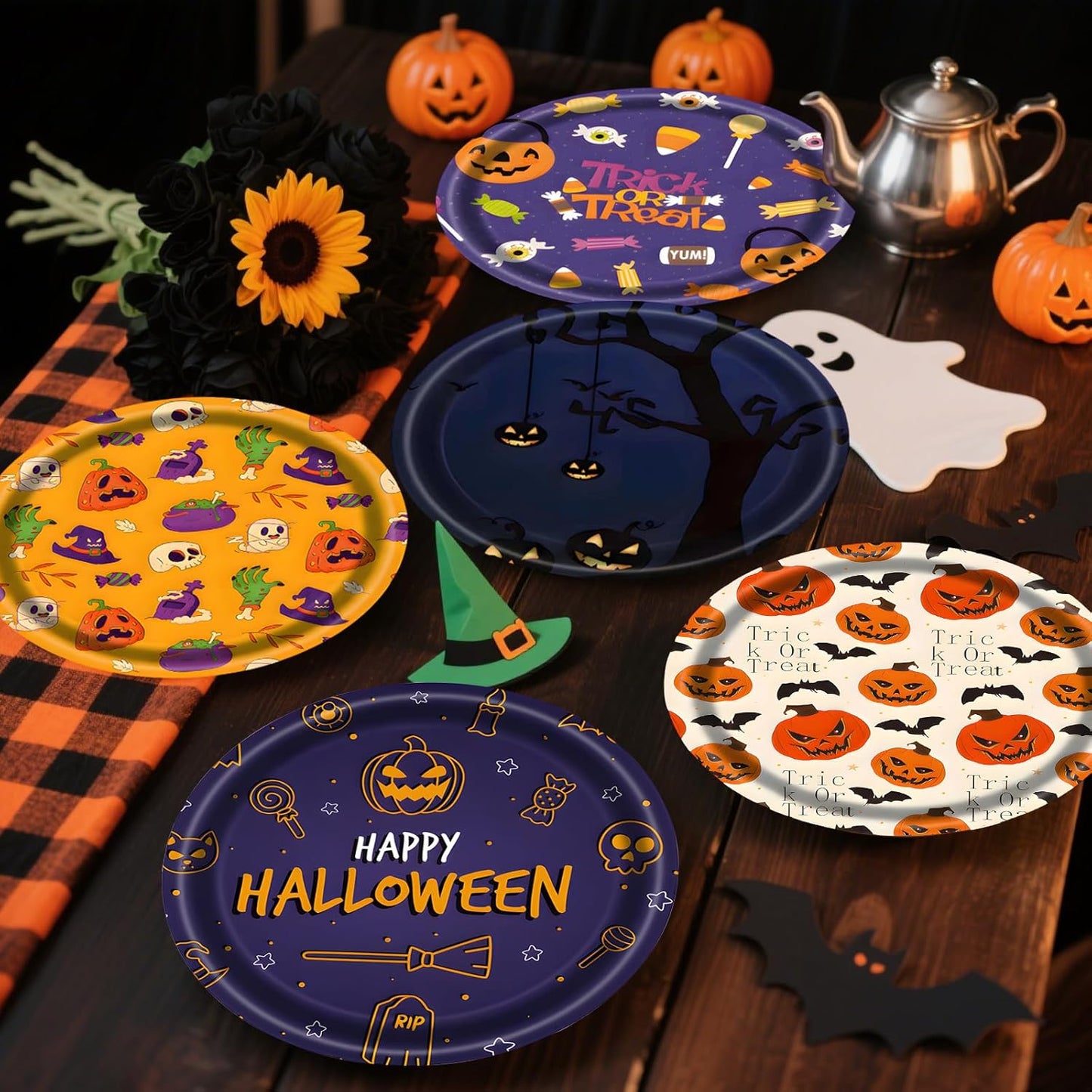 48 PCS Halloween Paper Plates 7 inch, Bat Castle Skull Pumpkin Party Plates Disposable Cake Dessert Plate for Halloween Party Decorations