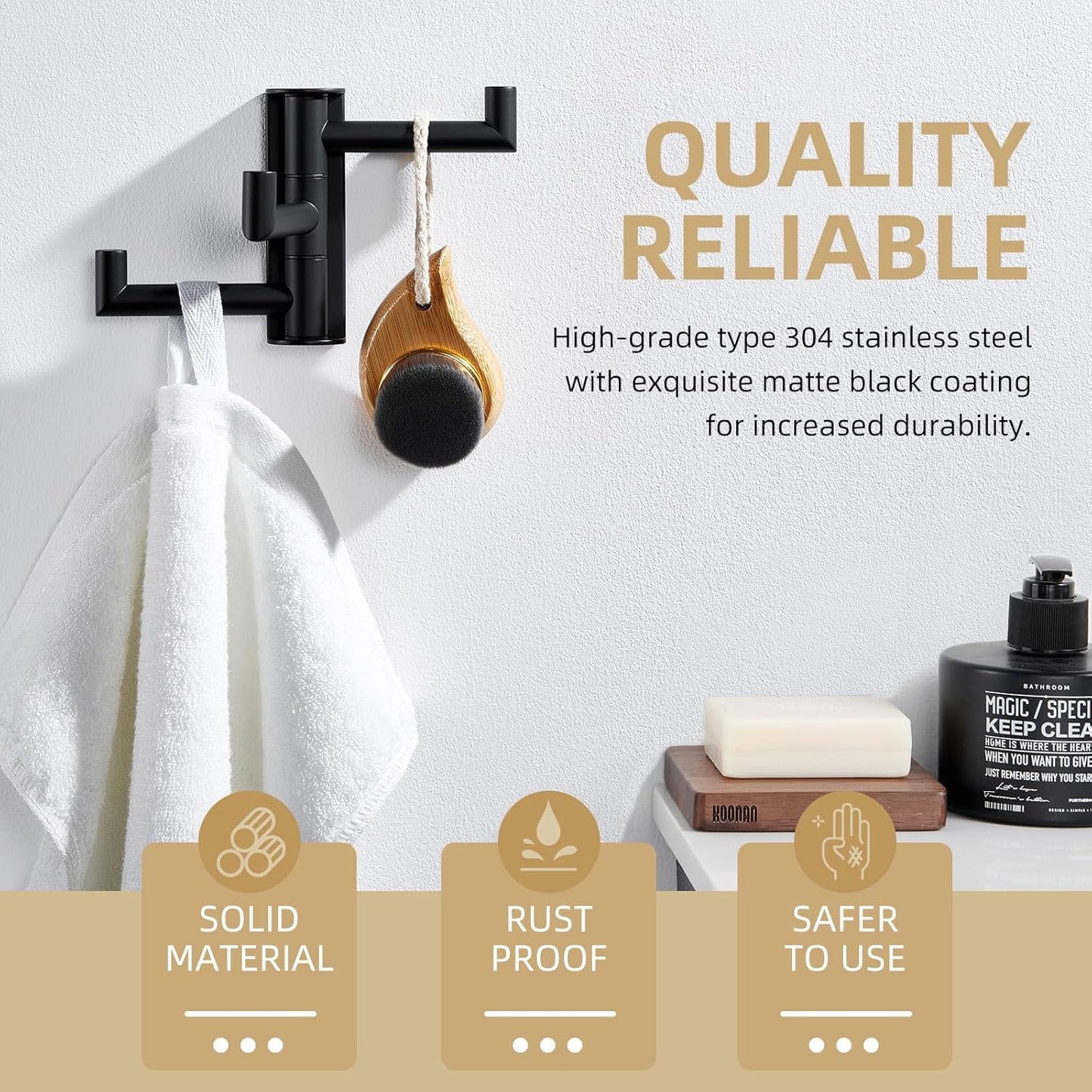 Angle Simple Swivel Towel Hook 3 Arms, SUS 304 Stainless Steel Foldable Bathroom Robe Towel Hook, Wall Coat Holder, Matte Black