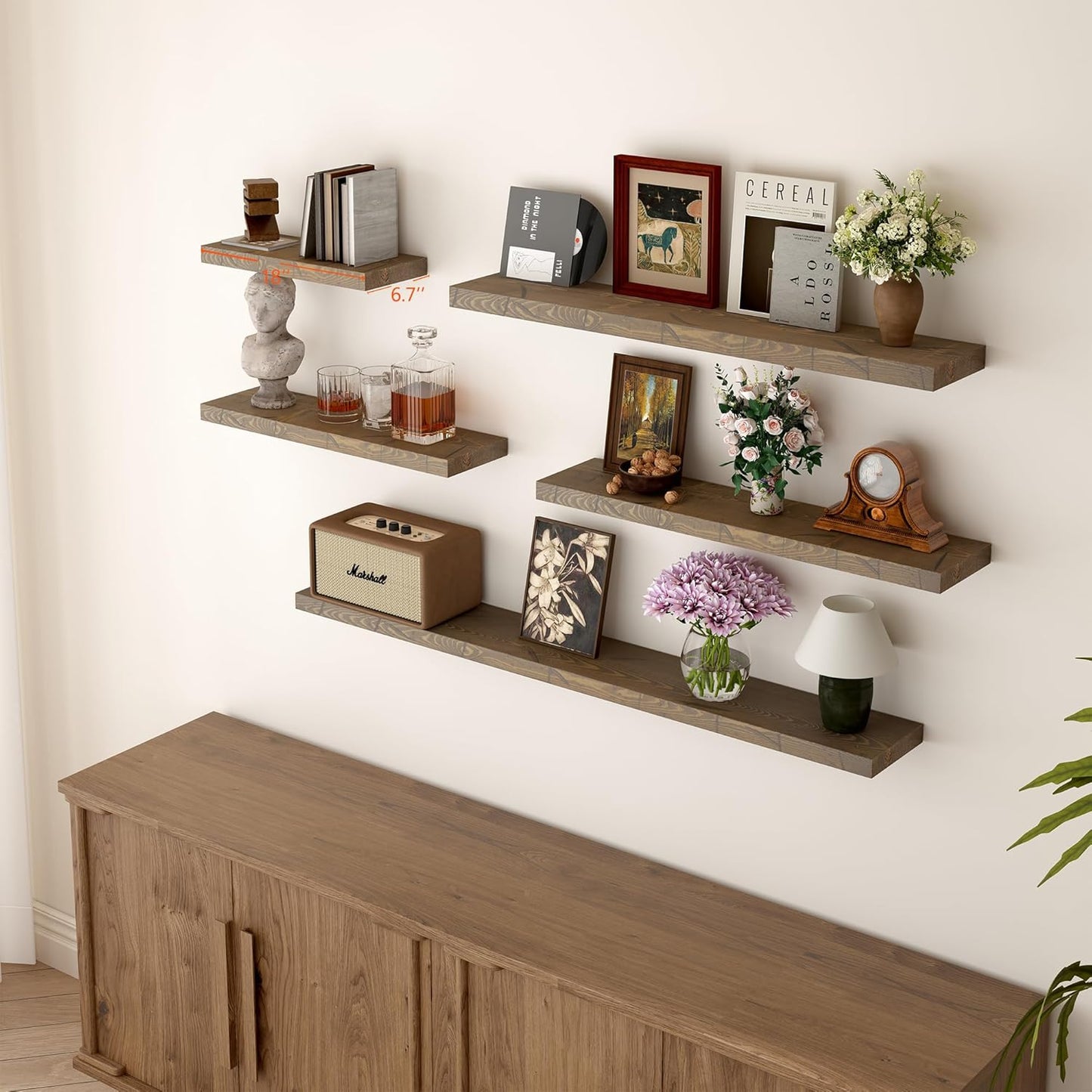 BGMG Wood Floating Shelves for Wall 18 inch, Distressed, Rustic Wooden Wall Mount Shelves for Bathroom Living Room Bedroom Kitchen Farmhouse Set of 2-18x6.7x1.25 inch-Distressed Walnut