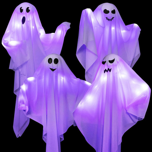 4 Pack Halloween Hanging Ghosts with LED Lights, 27.5 Inch Light Up Ghost Decorations for Indoor Outdoor, Lawn Yard Tree Hanging Halloween Ornaments, Spooky Lighted Party Supplies